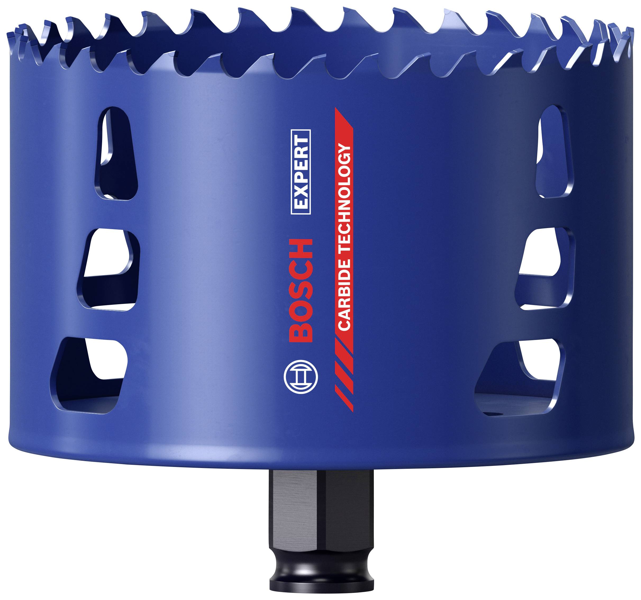 Blaue Lochsäge von Bosch mit rotem Logo und Schriftzug 'Carbide Technology', zeigt gezahnte Kante und Öffnungen im Kreisrand.