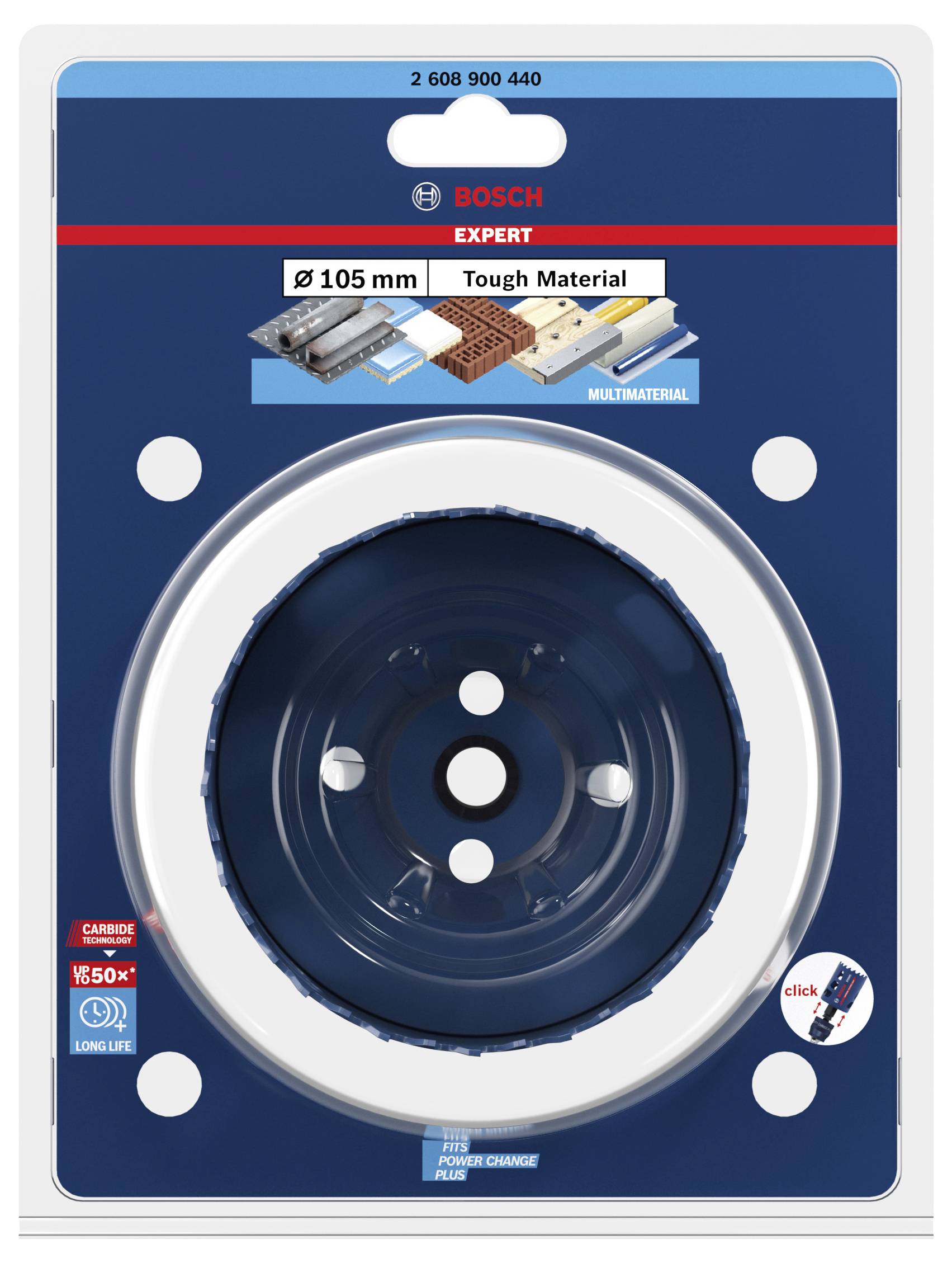Verpackung einer Bosch Expert Lochsäge für 'Tough Material', Durchmesser 105 mm. Eignet sich für Multimaterialien.