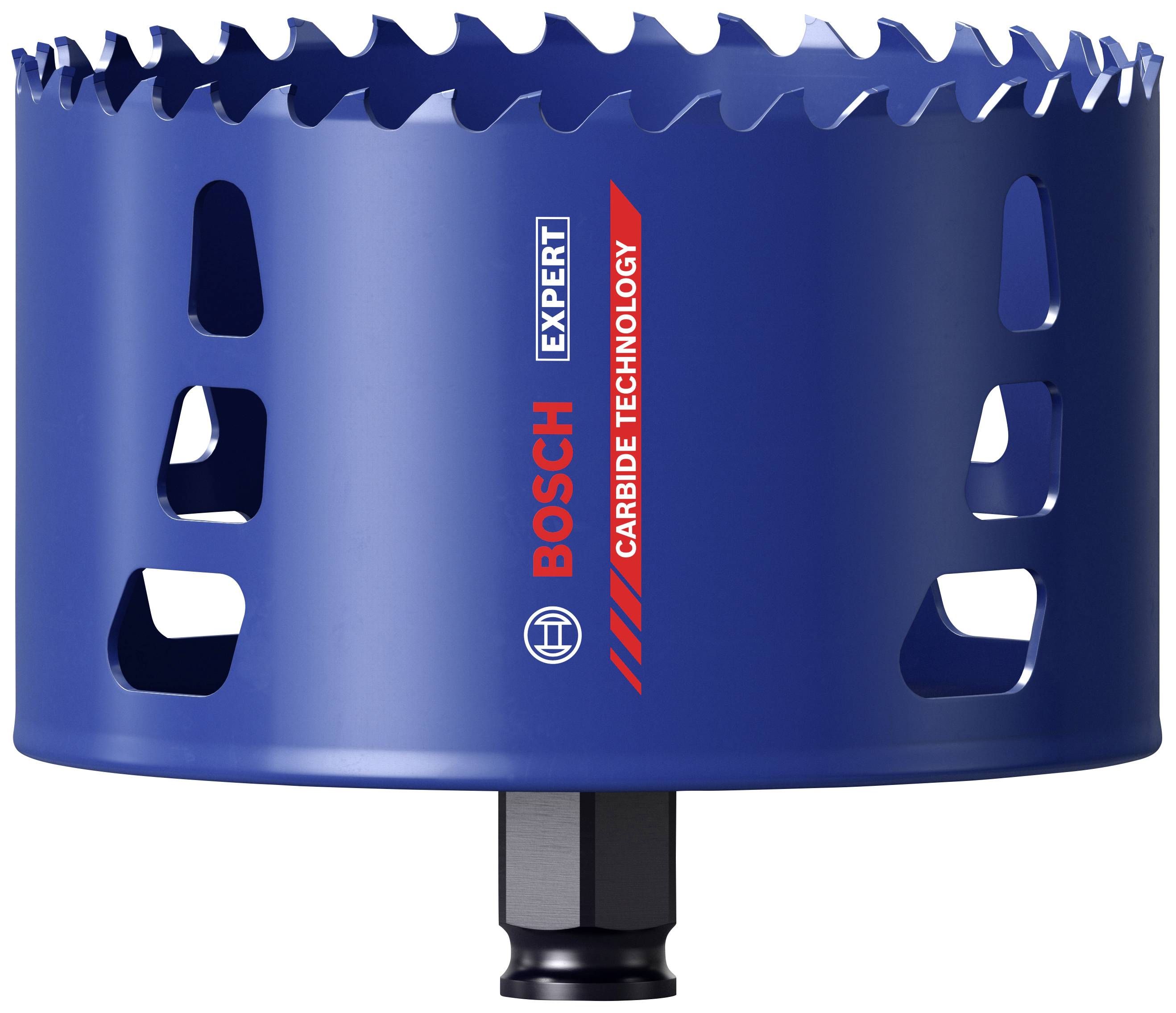 Ein blaues Lochsägeblatt mit scharfen Zähnen, Aufschrift 'BOSCH Expert Carbide Technology' in Rot und Weiß.