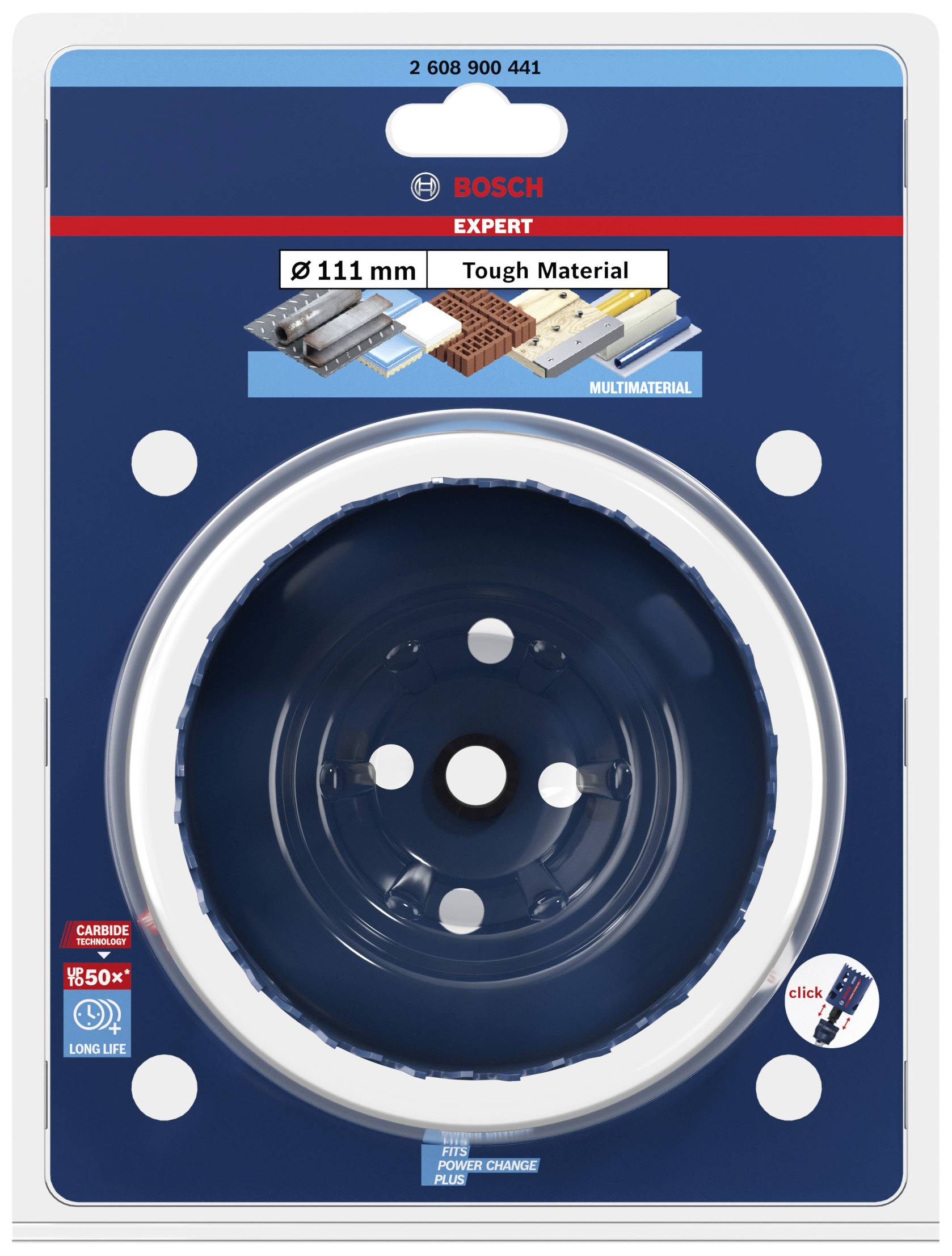 Kreissägeblatt von Bosch, Durchmesser 111 mm, geeignet für verschiedene Materialien, robust und langlebig, mit Click-System.