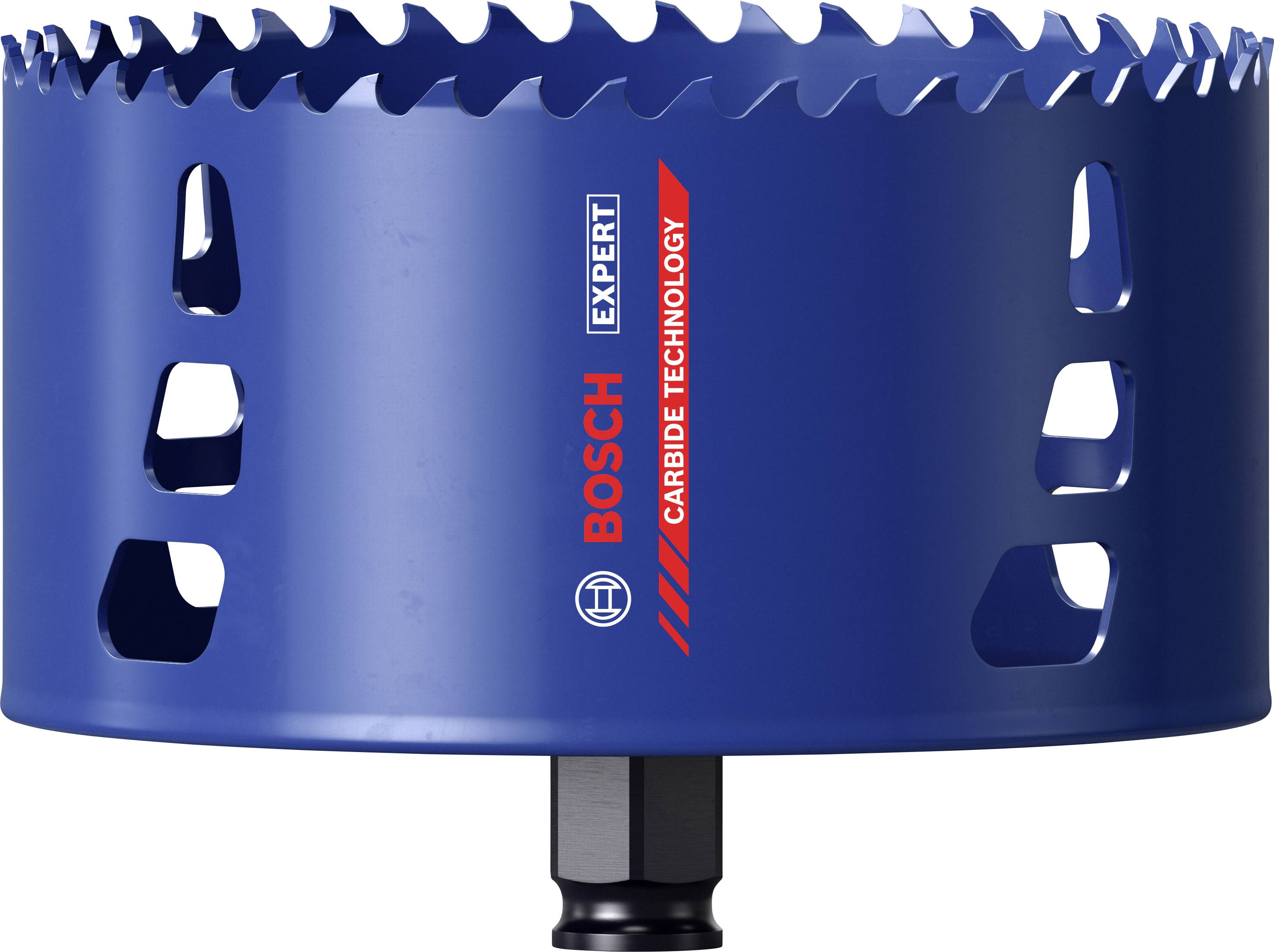 Metallsägekrone von Bosch mit blauer Farbe und roten Markierungen. Geeignet für präzises Schneiden durch verschiedene Materialien.