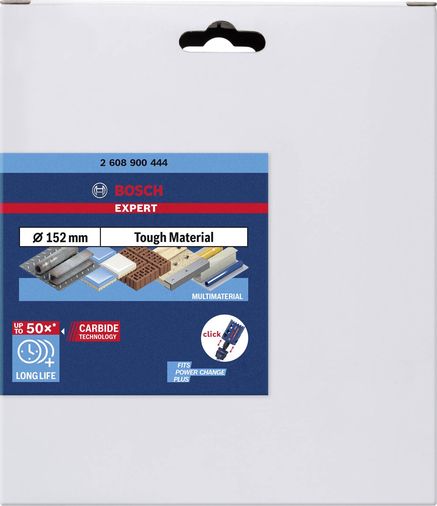 Verpackung einer Bosch Expert Multimaterial-Sägeblattscheibe mit 152 mm Durchmesser. Zeigt kompatible Materialien und Technologiehinweise.