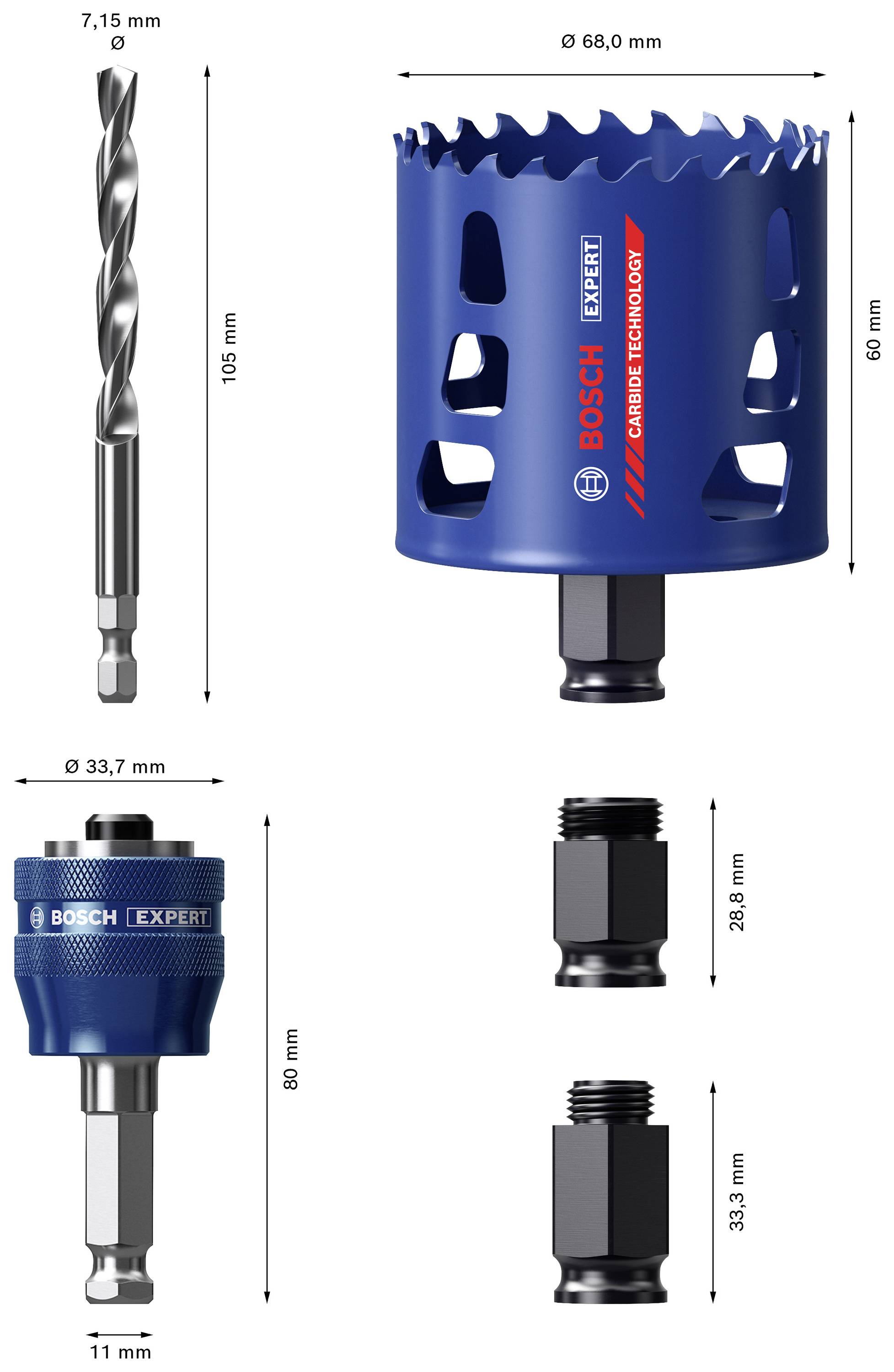 Löchsäge-Set von Bosch: Enthält Bohrer, Lochsäge (68 mm) und Adapter für Betonbohren. Komponenten zeigen jeweilige Maße an.