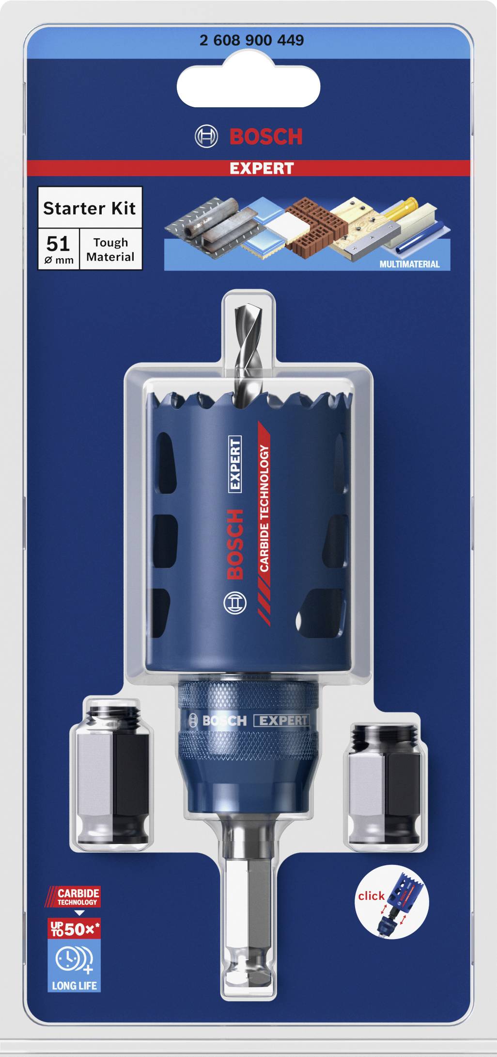 'Bosch Expert' Lochsägen-Starterset für harte Materialien, enthält eine blaue Lochsäge, Adapter und Zubehör, geeignet für Metall.