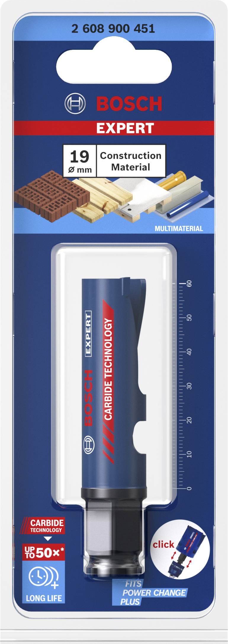 'Bosch Expert'-Lochsäge, 19 mm, geeignet für Bau- und Multimaterialien, Verpackung zeigt Carbide-Technologie und Power Change Plus-System.