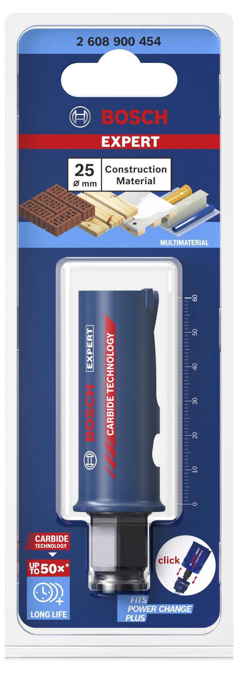 Verpackung eines Bosch Expert Sägeblatts für Bau- und Multimaterialien, mit Carbide-Technologie und 25 mm Schnittbreite.