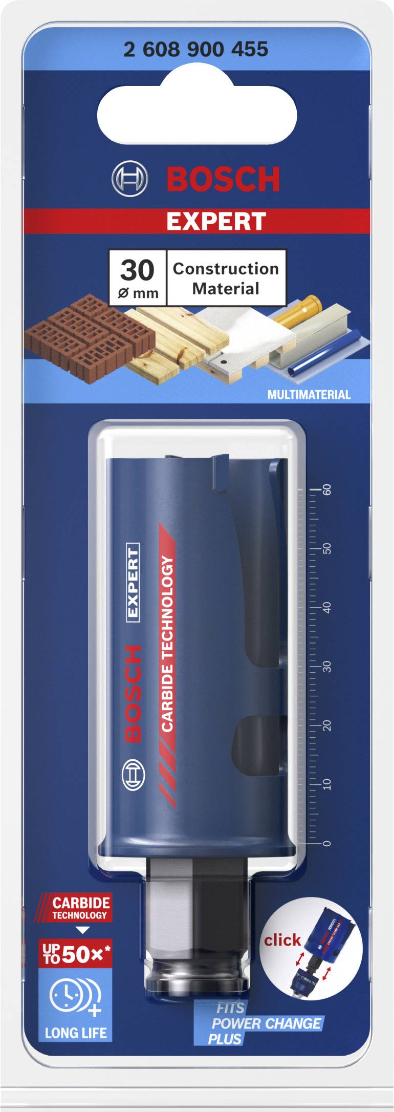 'Bosch Expert' Lochsäge-Verpackung für Bau- und Multimaterialien, 30 mm Durchmesser, hervorgehoben: lange Lebensdauer und einfache Handhabung.