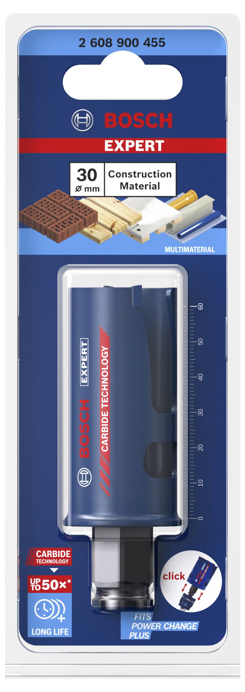 Verpackung eines Bosch Expert Lochsägeblatts, geeignet für Konstruktionsmaterialien bis 30 mm, mit Klicksystem für schnellen Wechsel.