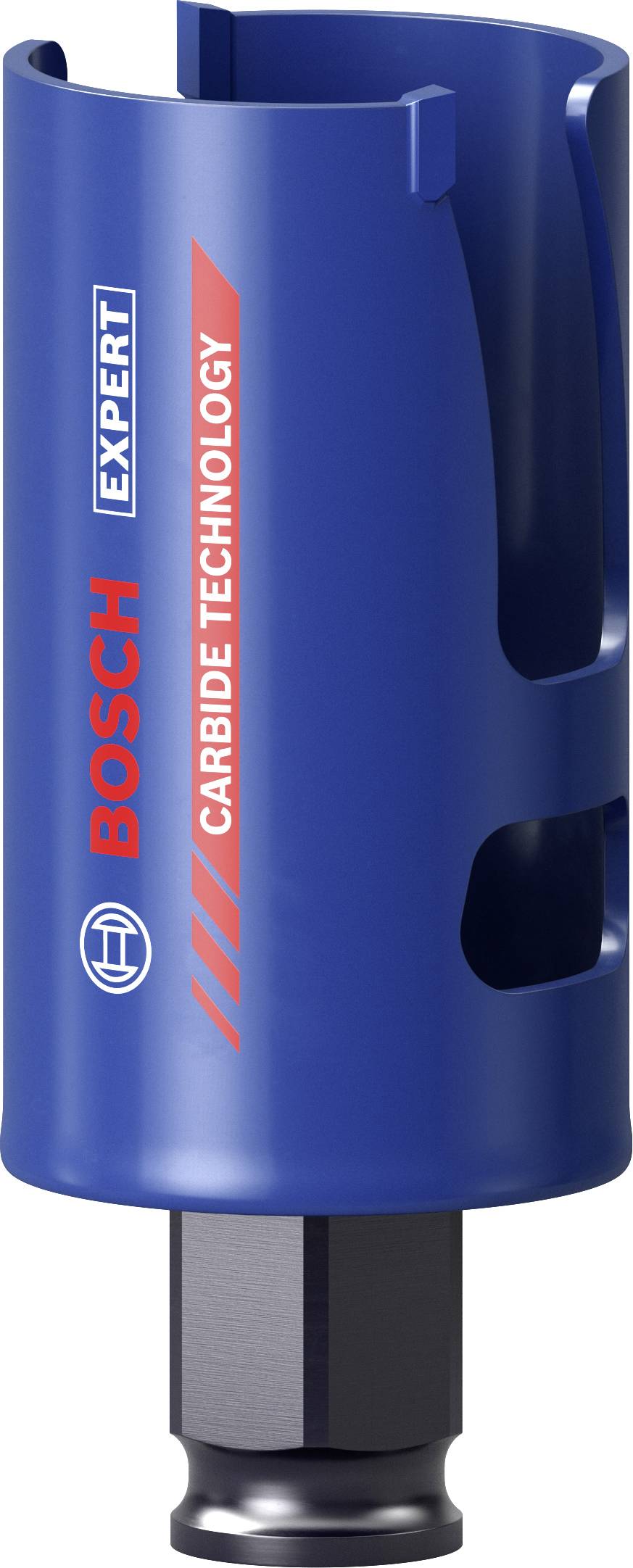 Lochsäge mit blauem Gehäuse, 'BOSCH EXPERT CARBIDE TECHNOLOGY' Schriftzug, geeignet für präzises Schneiden von harten Materialien.