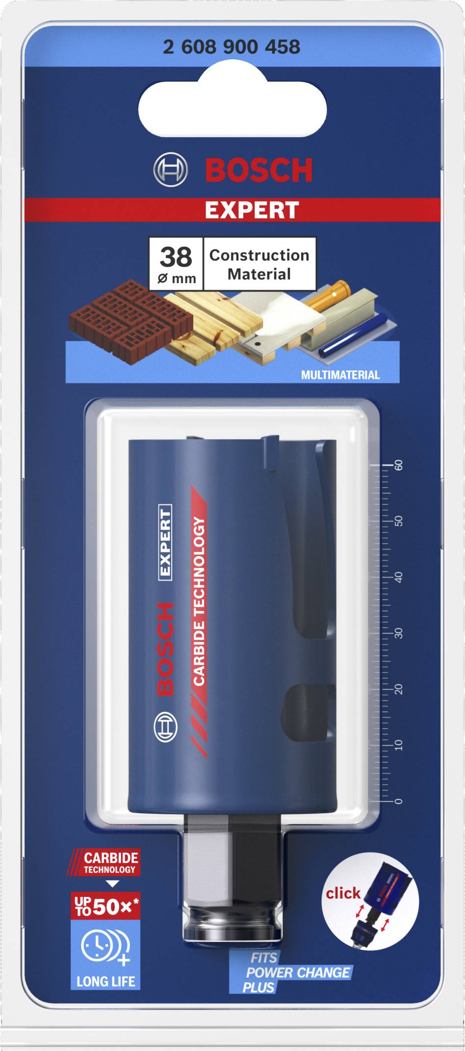 Verpackung einer Bosch Expert Sägekrone für 38 mm Bau- und Multimaterial. Markante blaue Farbe mit roten Akzenten, weist auf lange Lebensdauer hin.