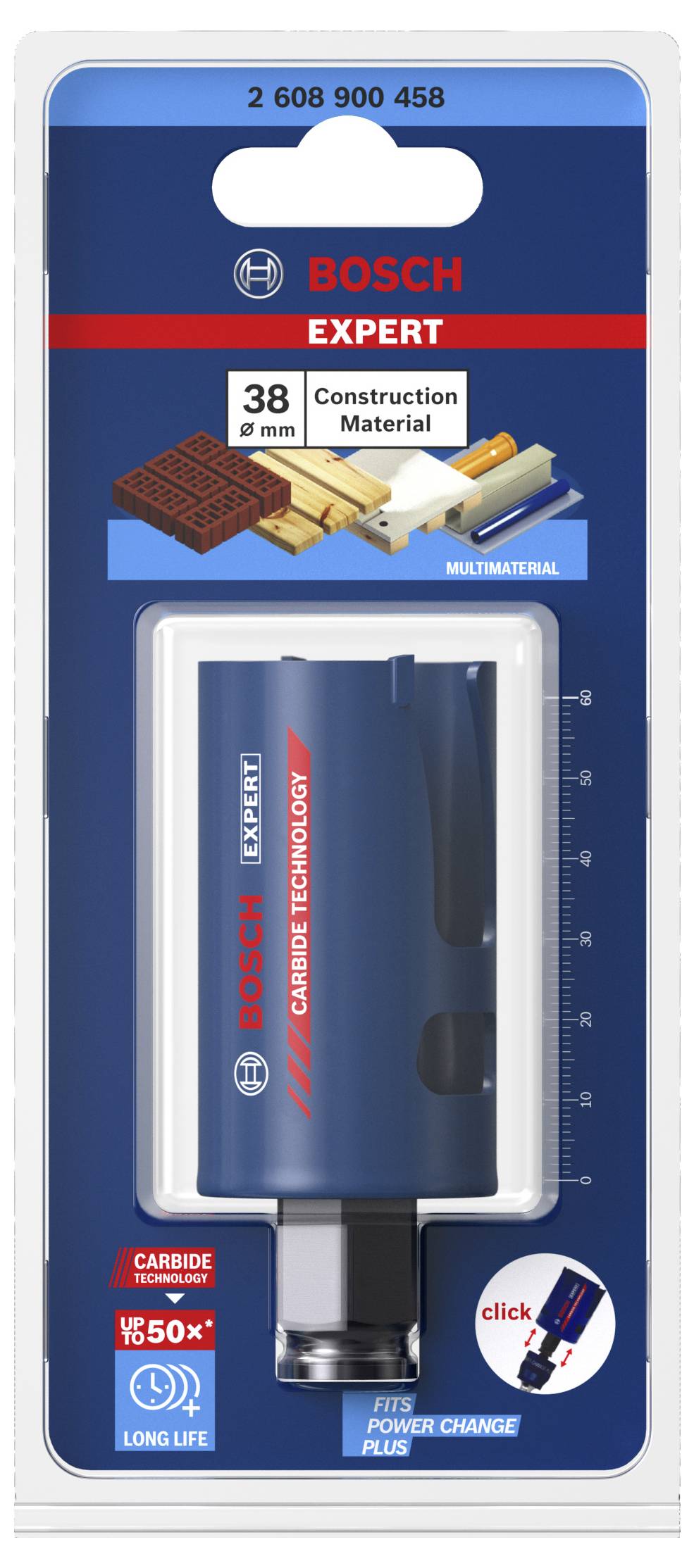 Verpackung eines Bosch Expert Bohrersets für 38 mm Bau- und Multimaterial mit 'Carbide Technology' und langer Lebensdauer.