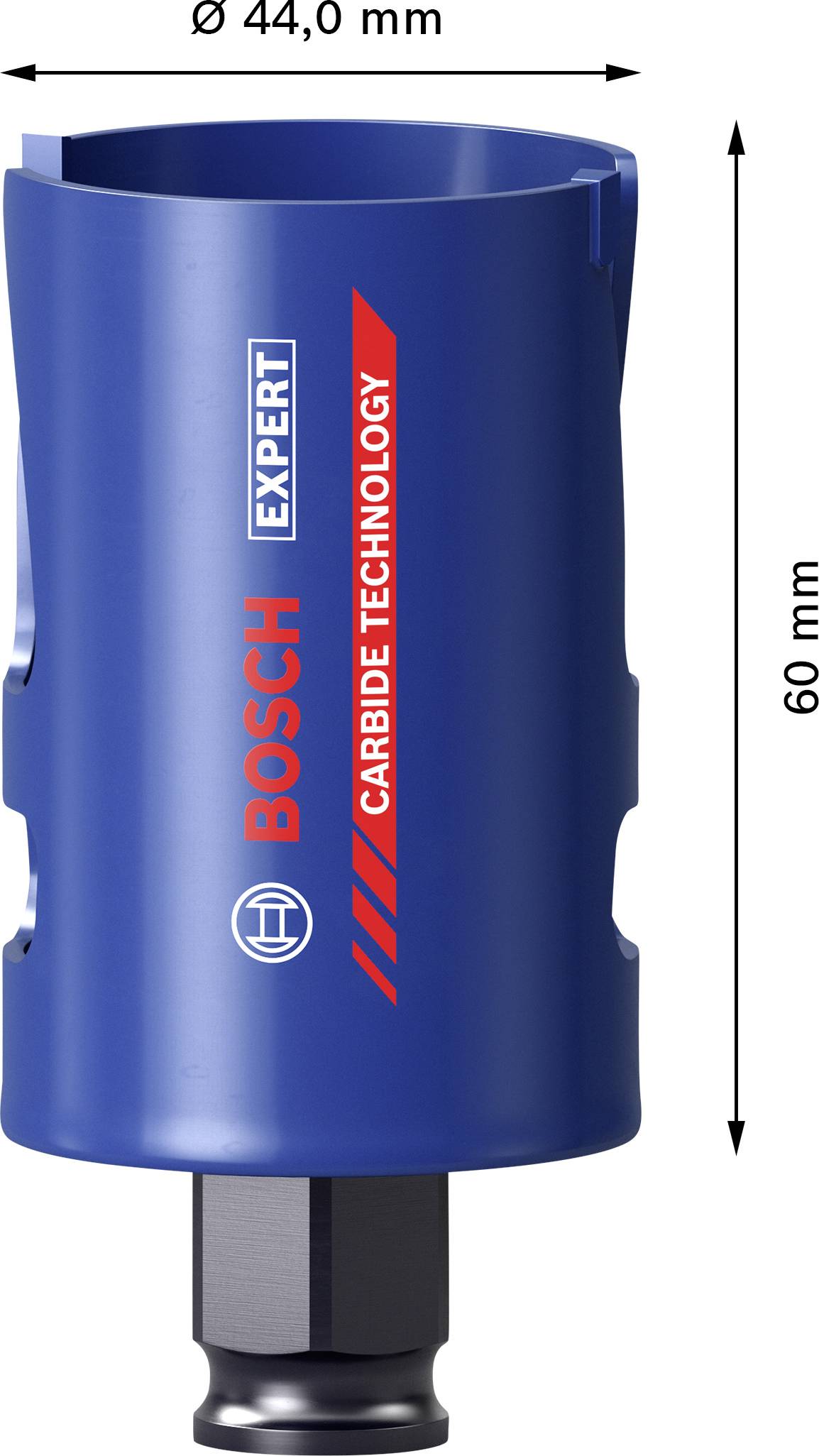 Bohrkrone mit blauem Gehäuse und rotem 'BOSCH' Schriftzug, Durchmesser 44 mm, Höhe 60 mm, für Carbide-Technologie geeignet.