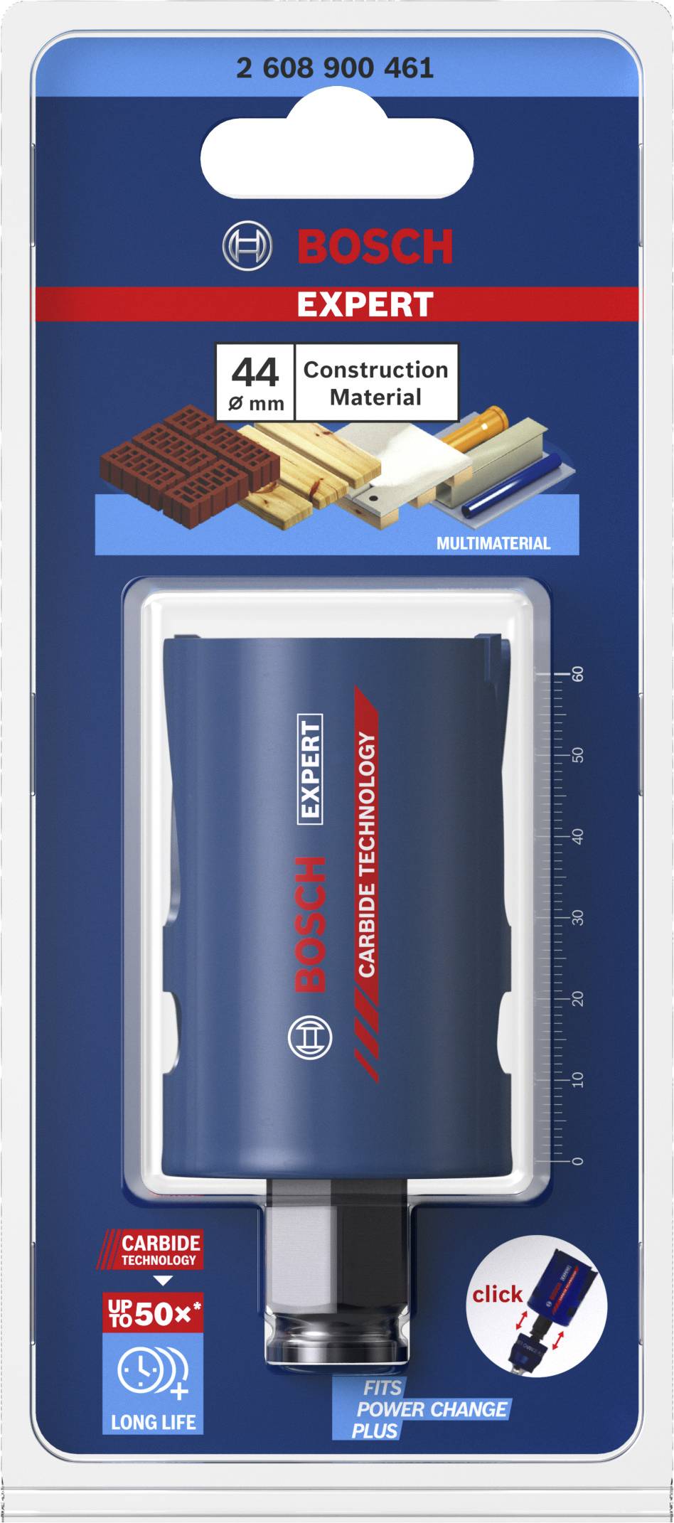 'Bosch Expert' Lochsäge für Baumaterialien, 44 mm Durchmesser, langlebig, für Power Change Plus. Verpackung zeigt Produkt und Spezifikationen.