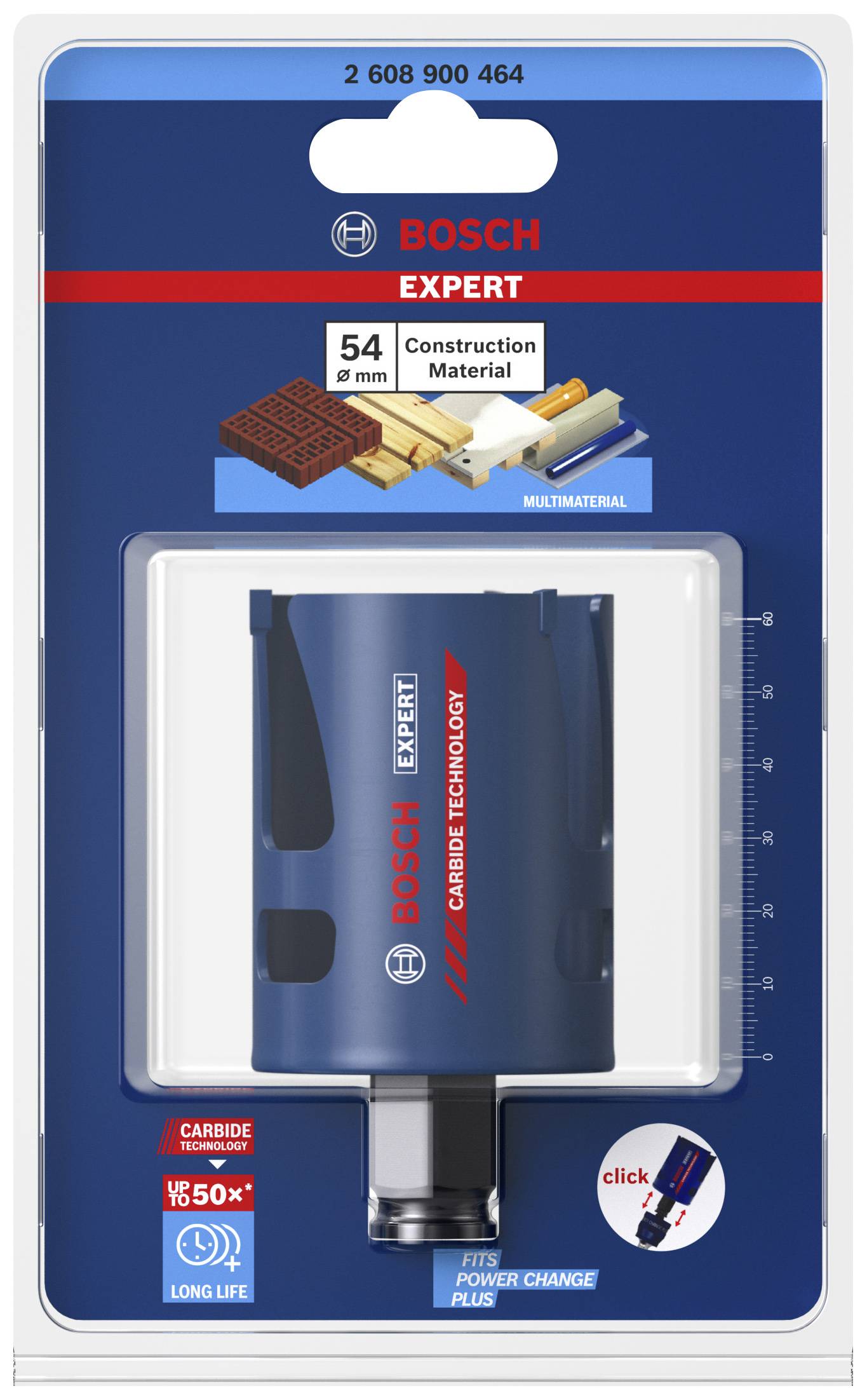 Bohrer-Aufsatz von Bosch in Verpackung. Für Bau- und Konstruktionsmaterialien, 54 mm Durchmesser. Mit 'Carbide Technology'.