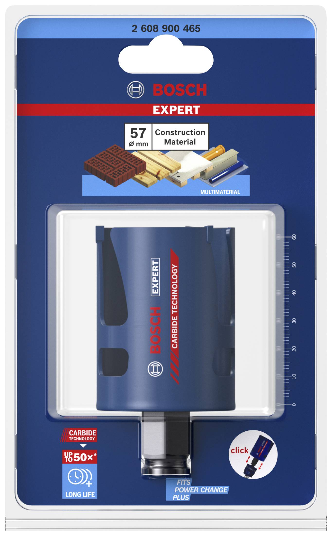 Lochsäge 'Bosch Expert' zum Schneiden von Baumaterialien, Durchmesser 57 mm, mit langlebiger Hartmetall-Technologie.