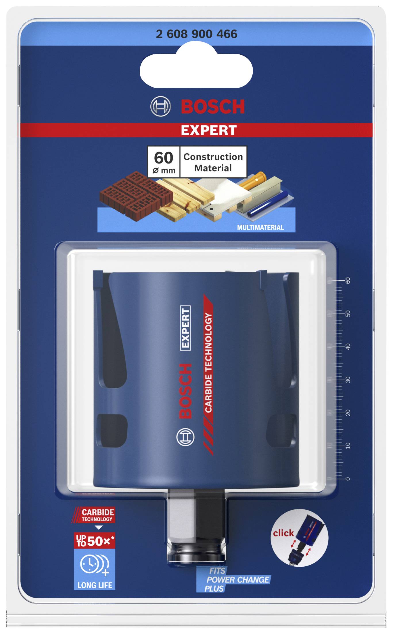 Verpackung der Bosch Expert Lochsäge. Geeignet für 8 mm Materialien, speziell für Bauwerke. Enthält Power Change Plus-Funktion.