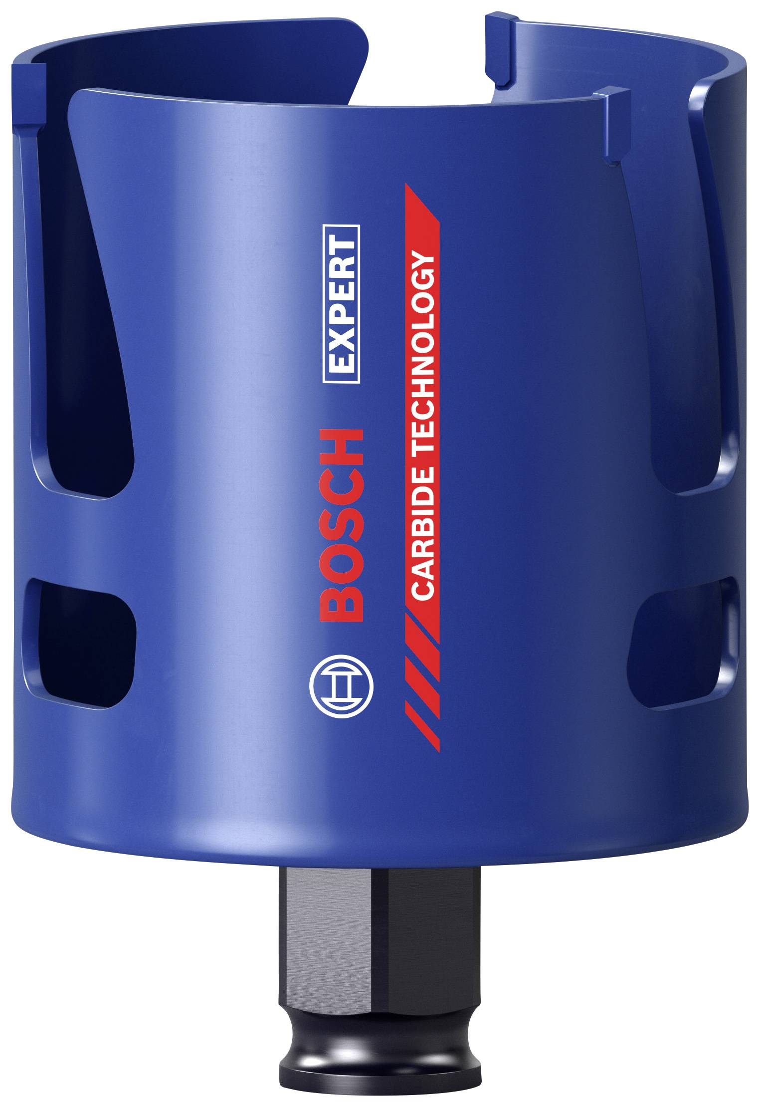 Blaue Lochsäge mit der Aufschrift 'Bosch Expert Carbide Technology', verwendet zum Bohren großer Löcher in verschiedene Materialien.