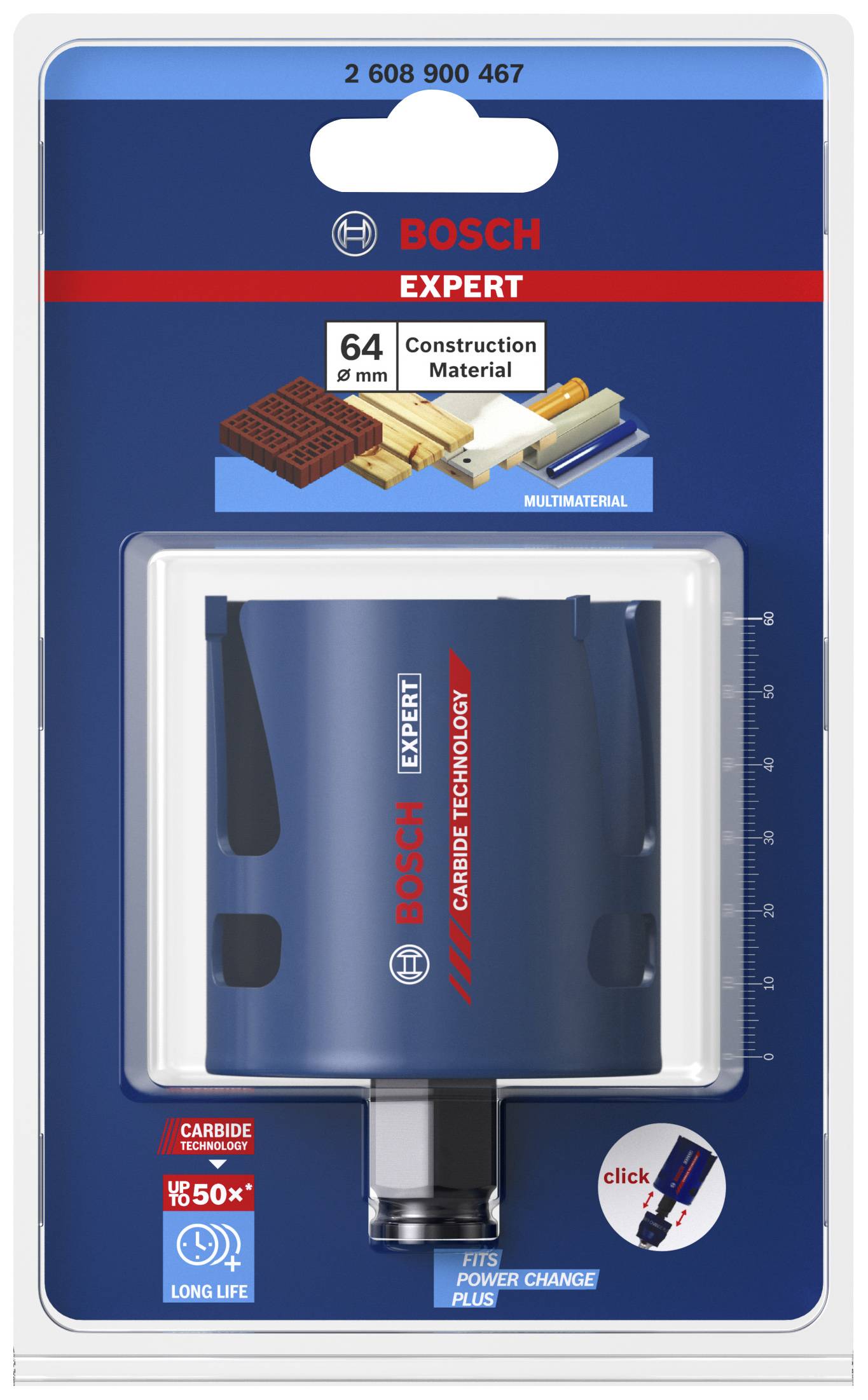 Verpackung von Bosch Expert Lochsäge, geeignet für 64 mm Bau-Material. Enthält Abbildungen der empfohlenen Anwendungsbereiche.