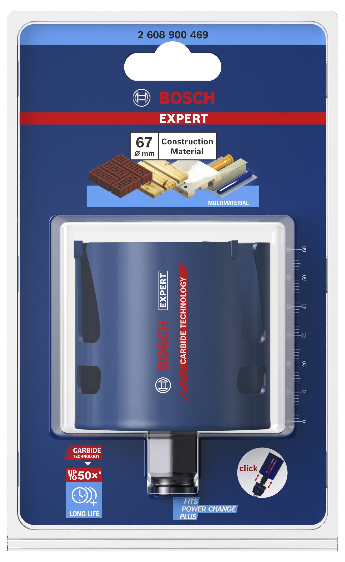 Bohrkrone von Bosch, 67 mm, für Baumaterialien, in Verpackung mit blauen und roten Elementen, zeigt Gebrauchstauglichkeit und Marke.