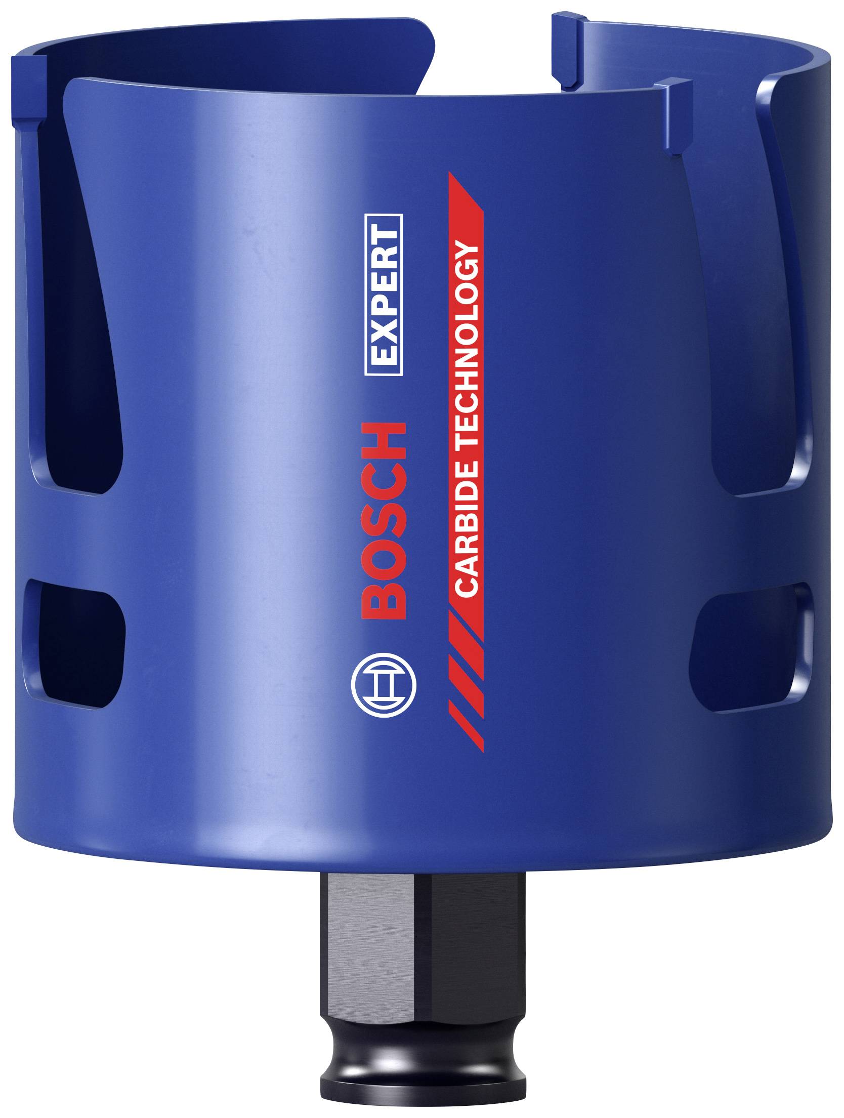 Bohrkrone von Bosch in Blau mit der Aufschrift 'Bosch Expert Carbide Technology'. Sie hat eine zylindrische Form mit seitlichen Öffnungen.