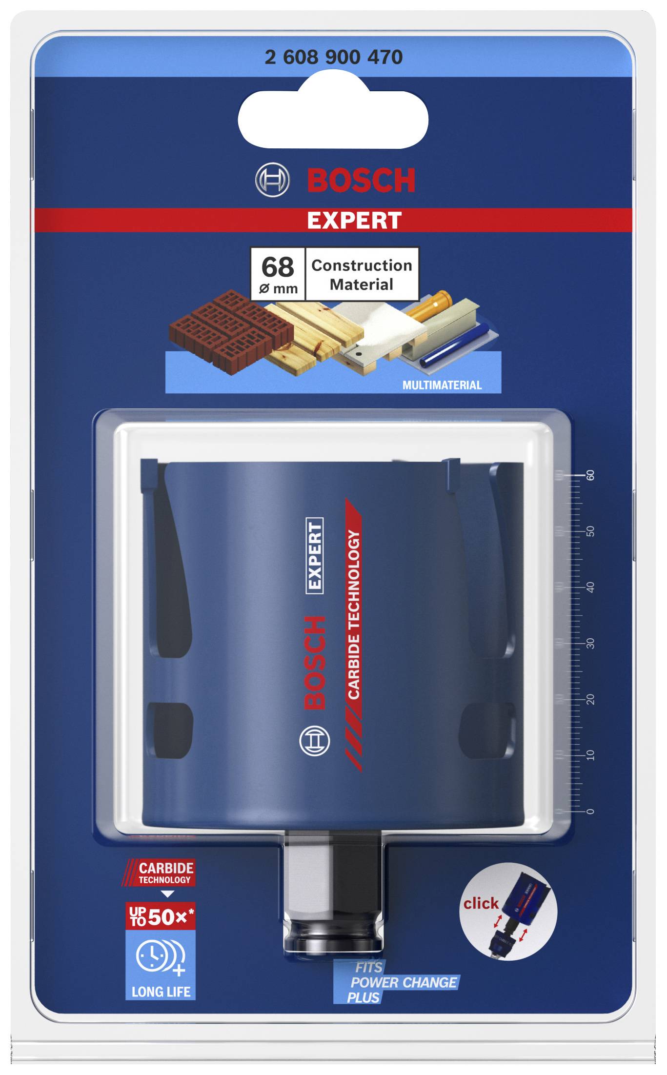 Verpackung einer BOSCH Expert Lochsäge für Baumaterialien, 68 mm Durchmesser, mit 'Carbide Technology' und Power-Change-System.
