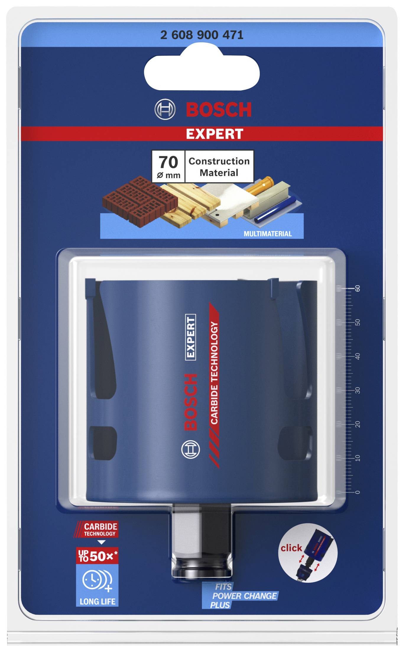 Blisterverpackung mit einer blauen Bosch Lochsäge für Konstruktionsmaterialien, passend für Power Change Plus-Adapter, 70 mm Durchmesser.