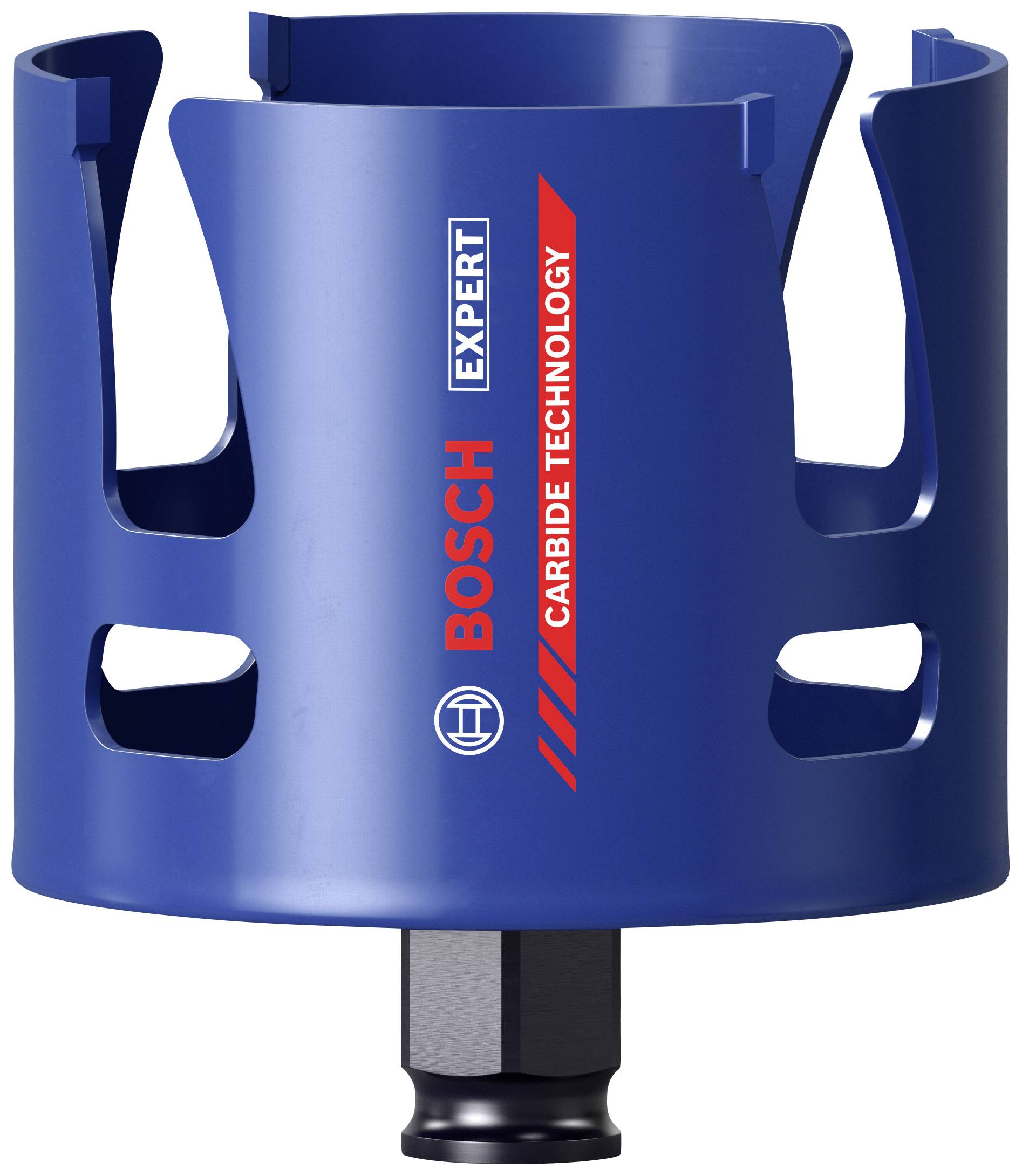 Blaue Lochsäge mit 'Bosch Expert Carbide Technology'-Aufschrift, geeignet für präzises Bohren in harte Materialien.