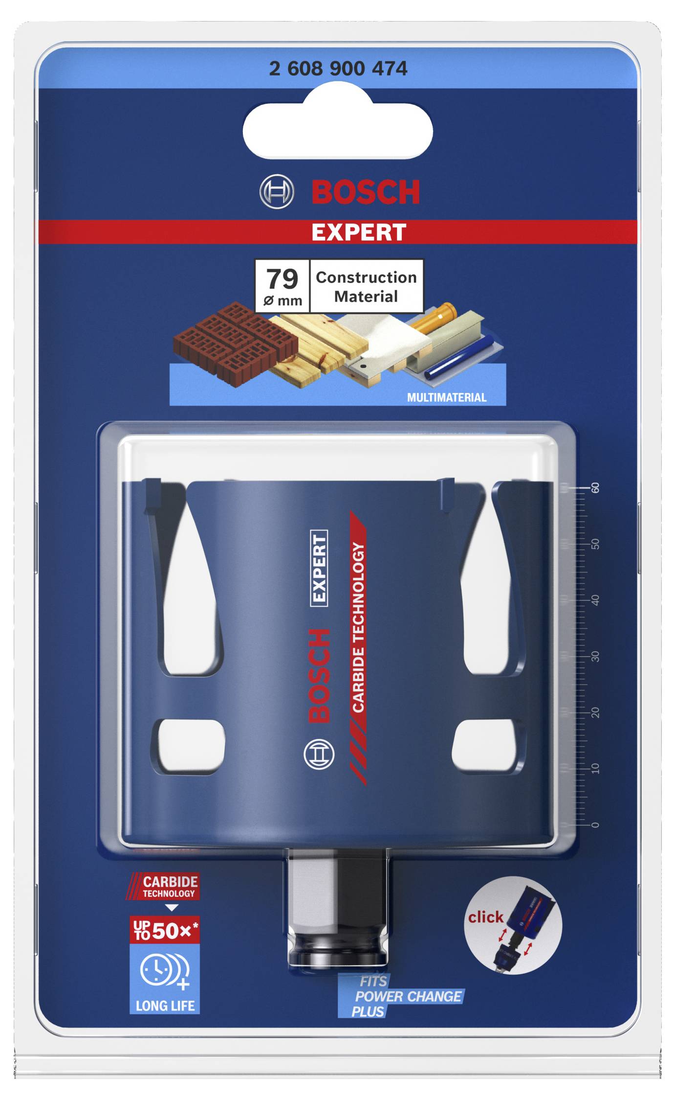 Verpackung eines Bosch Expert Lochsäge-Aufsatzes für verschiedene Baumaterialien, Durchmesser 79 mm, mit Click-Funktion.