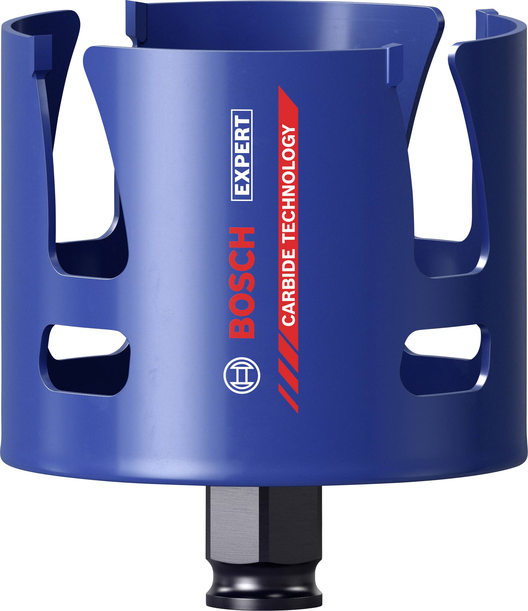 'Bosch' Aufschrift in Rot auf blauem Bohrkopf mit 'Carbide Technology'-Label. Werkzeug für präzises Bohren in harten Materialien.