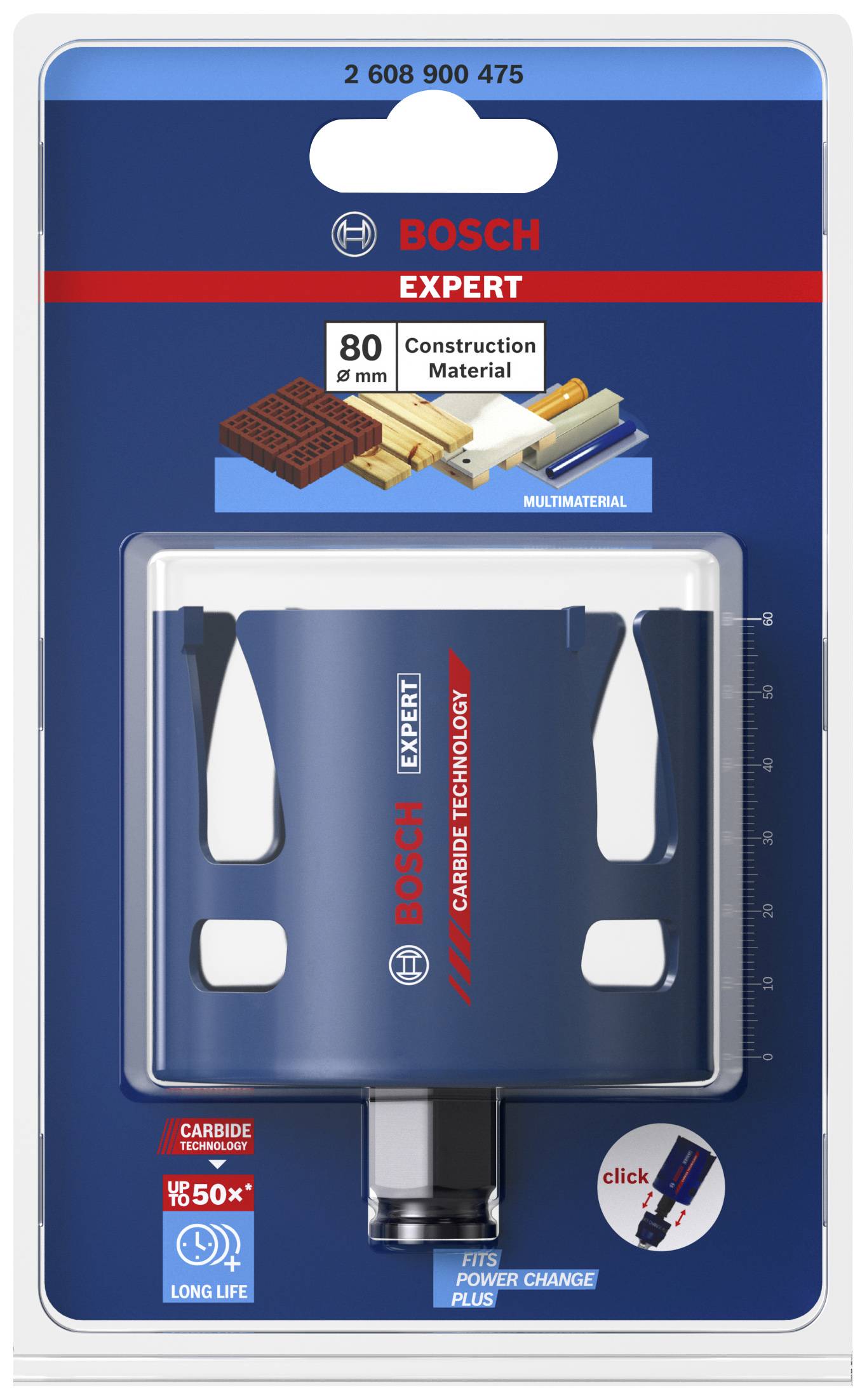Bosch Expert Lochsäge, geeignet für Baumaterialien mit 80 mm Durchmesser, blauer Verpackung. Enthält Carbide-Technologie für lange Lebensdauer.