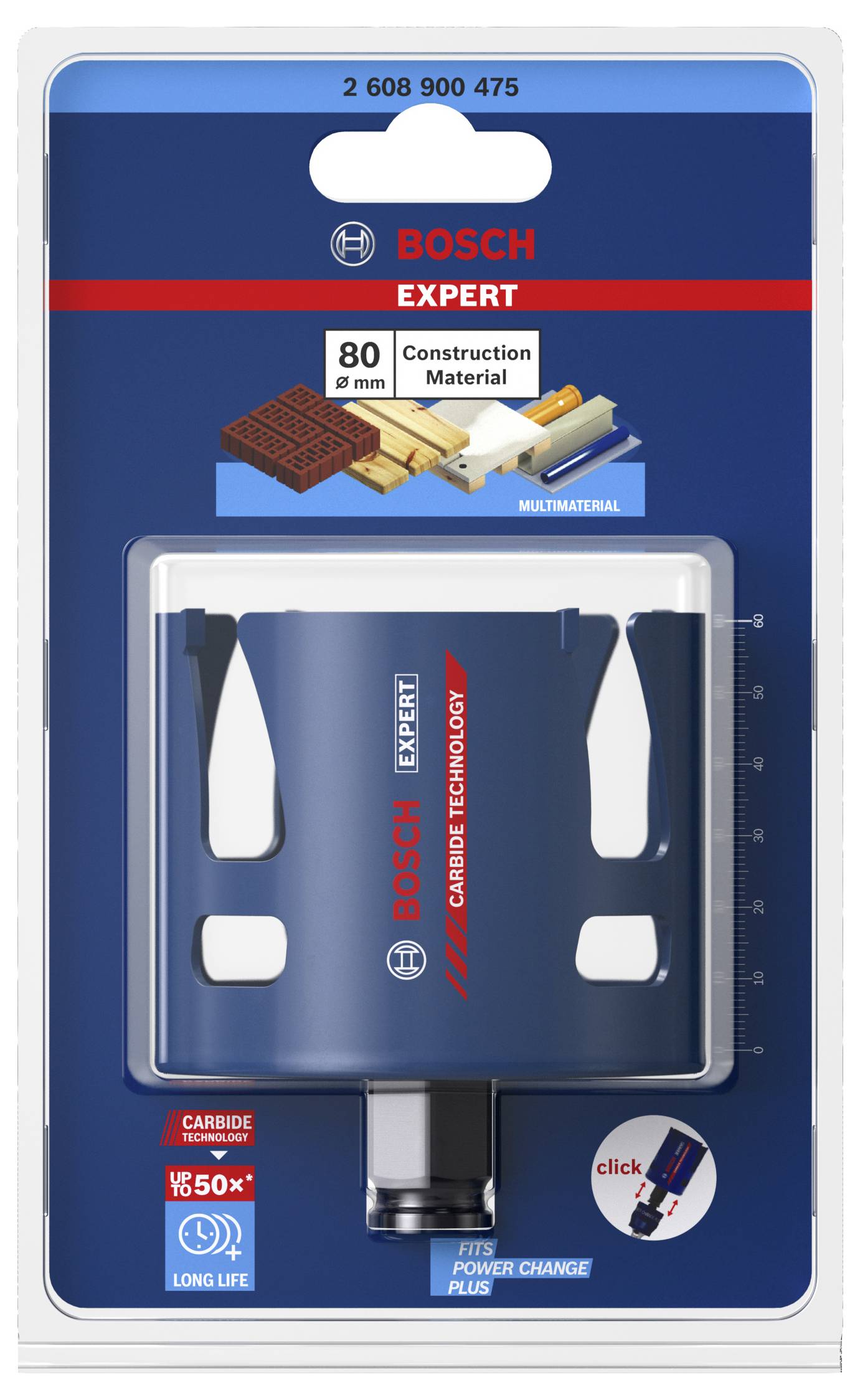 Verpackung eines Bosch Sägeblatts für verschiedene Baumaterialien, Durchmesser 80 mm, lange Lebensdauer, mit Klickwechsel-System.