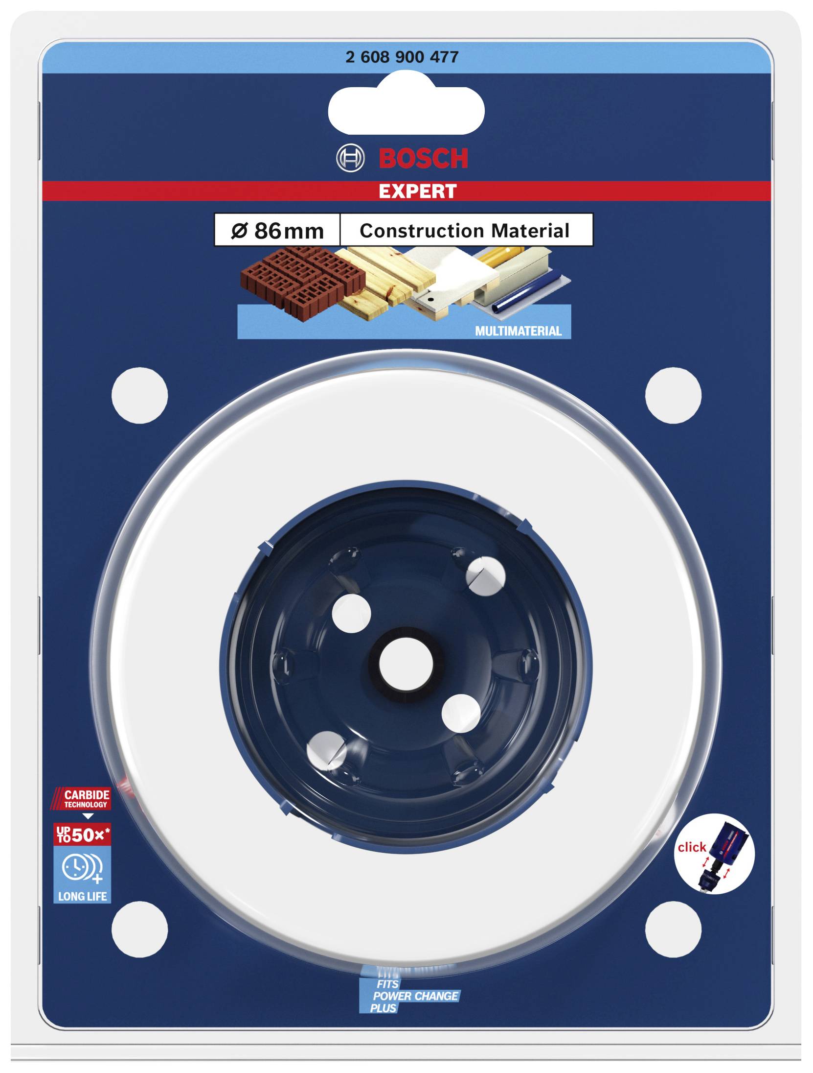 Verpackung eines Lochsägenaufsatzes von Bosch mit '86 mm' Durchmesser für Baukonstruktionen. Auf der Verpackung ist die Eignung für verschiedene Materialien abgebildet.