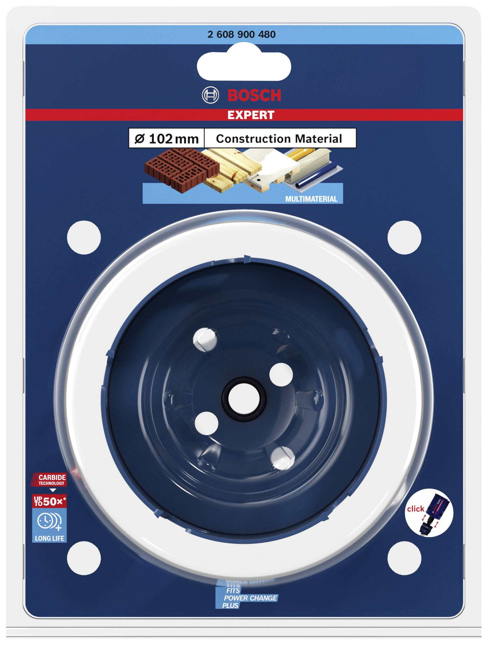 Verpackung einer Bosch Expert Lochsäge, Ø 102 mm, geeignet für Bau- und Multimaterialien. Zeigt Produktbilder und Anwendungshinweise.