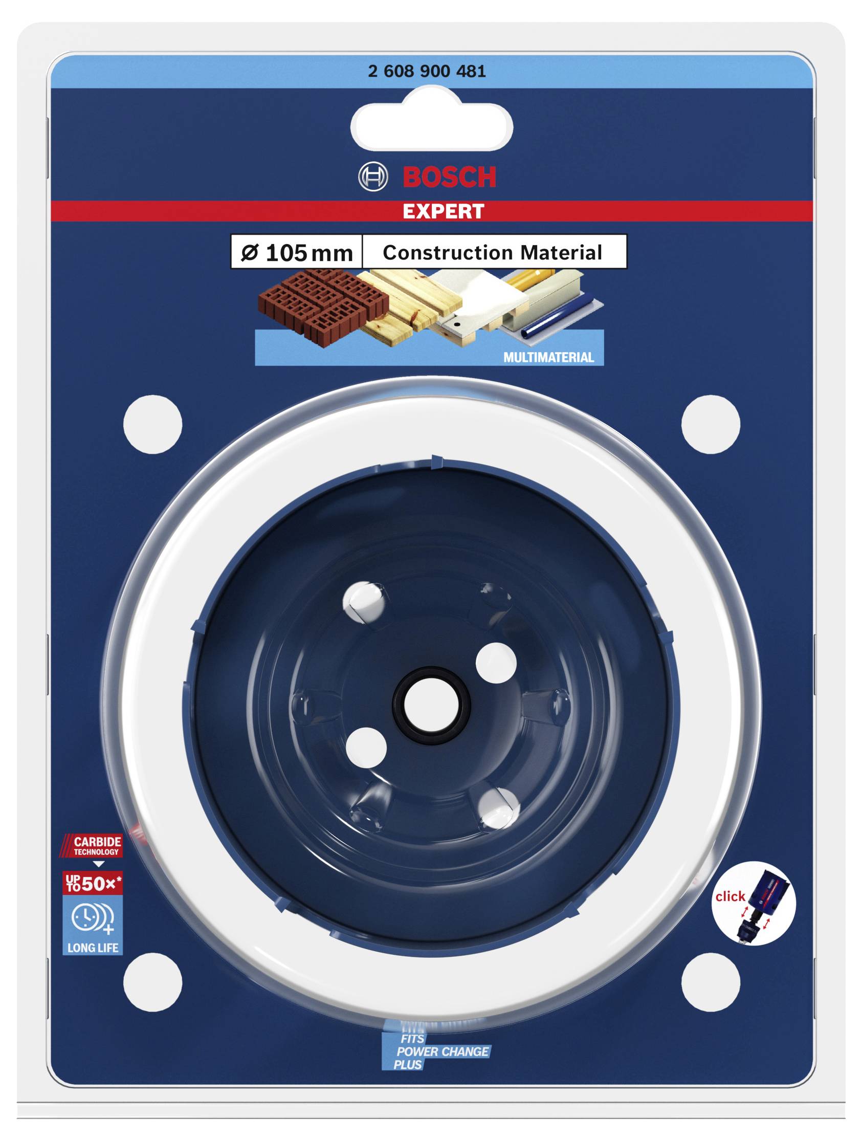 Verpackung einer Bosch Expert Lochsäge für Baustoffe, Durchmesser 105 mm. Geeignet für Ziegel, Gipskarton und andere Materialien.