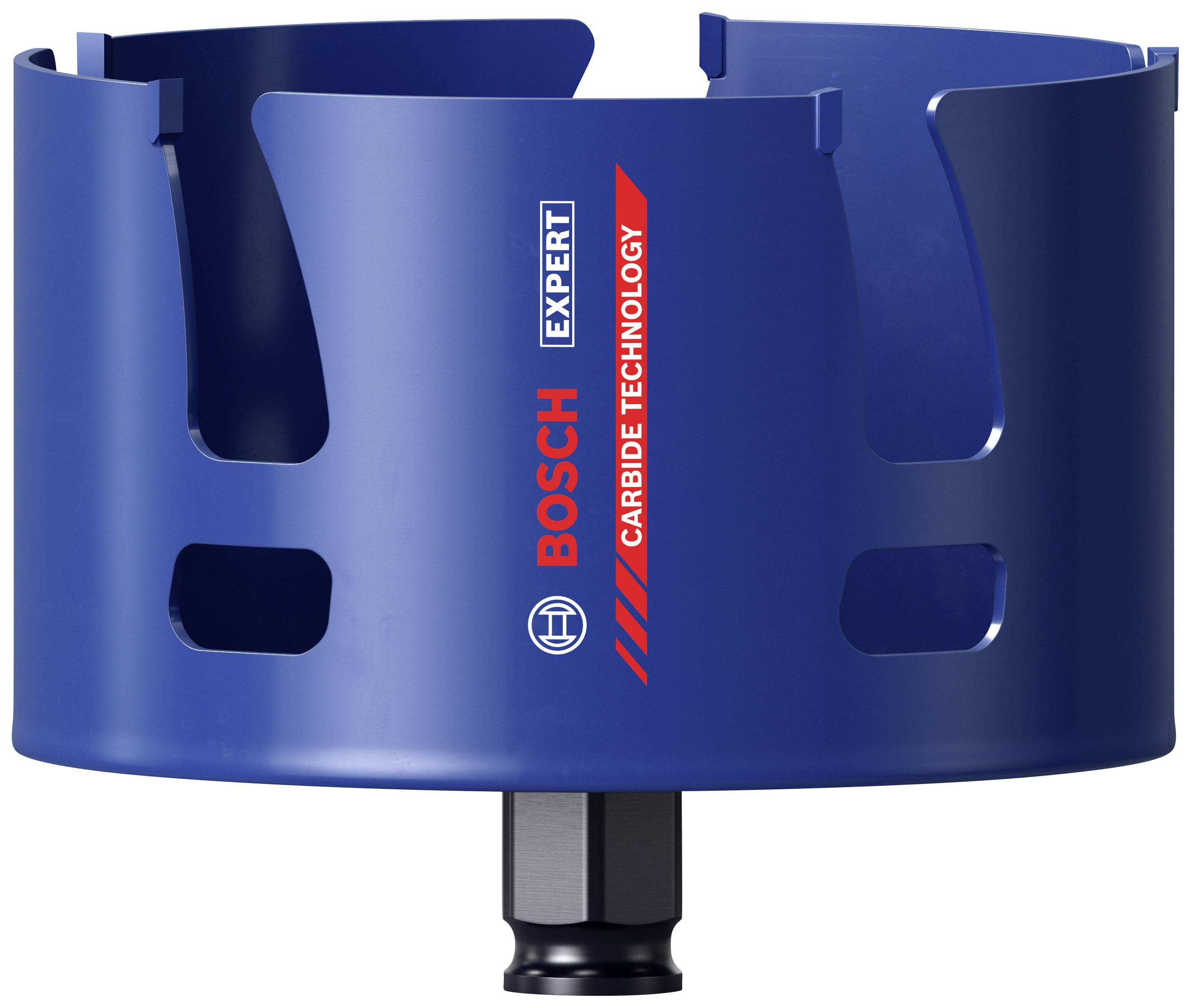 Blaue Bohrkrone mit 'Bosch Expert' und 'Carbide Technology' Aufschrift. Geeignet für präzises Bohren in harte Materialien.