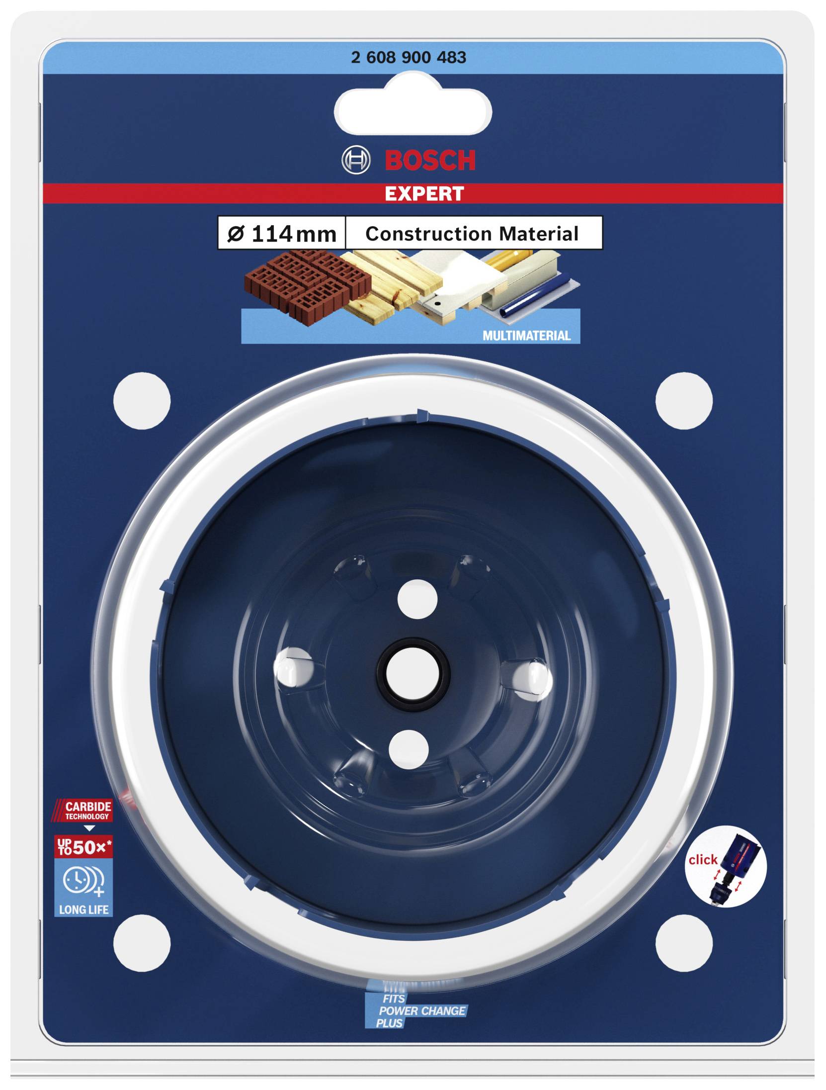 Verpackung einer Bosch Expert Kreissäge mit 114 mm Durchmesser, geeignet für Baustoffe wie Ziegel und Trockenbau. Enthält 'Carbide Technology' und 'Long Life'.