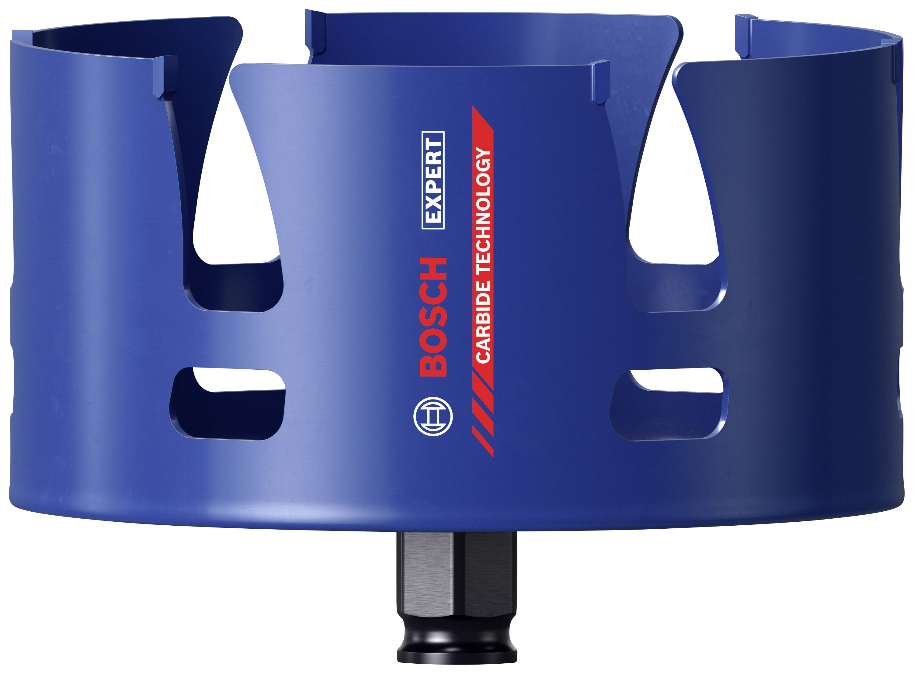 Ein blauer Bosch-Lochsägenaufsatz mit 'Carbide Technology'-Schriftzug, geeignet für präzises Bohren in harte Materialien.