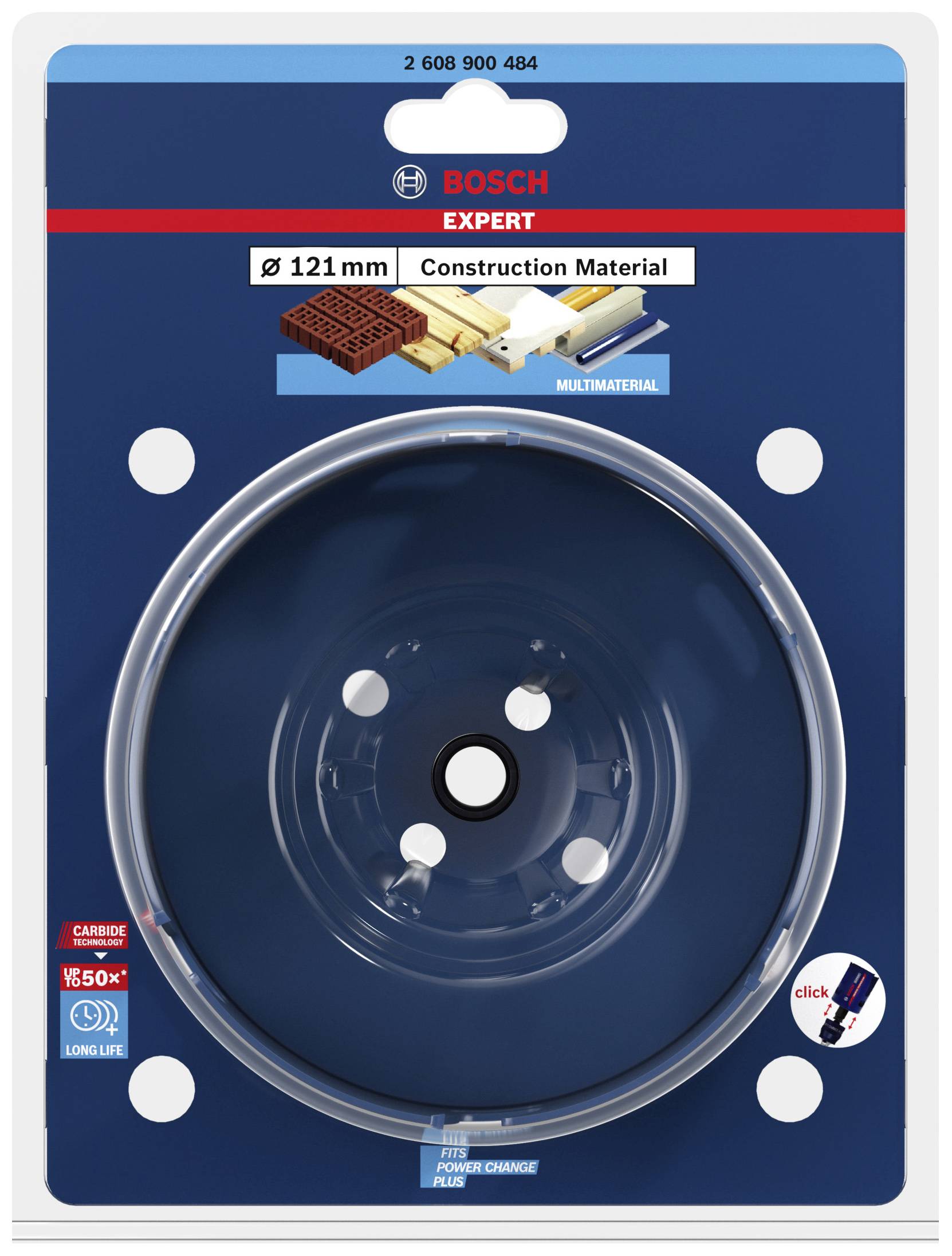 Verpackung von Bosch Expert Kreissägeblatt 'Construction Material', 121 mm. Geeignet für verschiedene Materialien, einfache Anwendung.