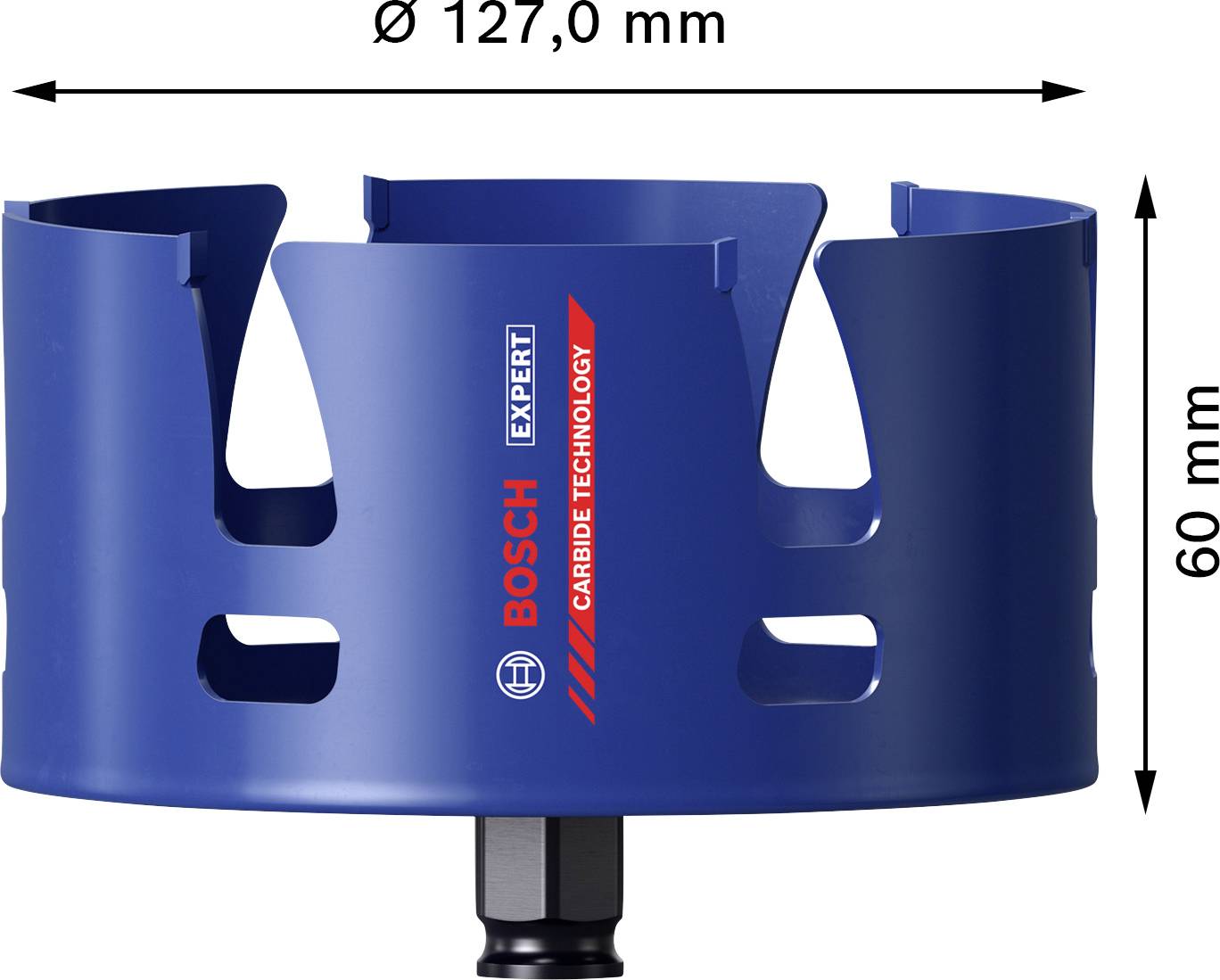 Bohrkrone von Bosch Expert, blau, mit Aufdruck 'Carbide Technology', Durchmesser 127 mm, Höhe 60 mm. Geeignet für präzises Bohren.