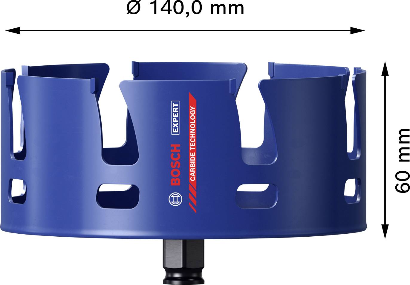 Bohrkrone mit 140 mm Durchmesser und 60 mm Höhe, beschriftet mit 'Bosch Expert' und 'Carbide Technology'.