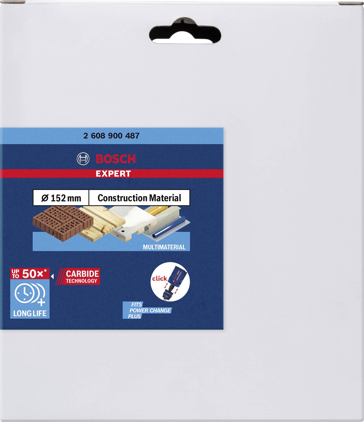 Verpackung von Bosch Expert Sägeblatt, geeignet für Bauwerkstoffe wie Holz und Ziegel. Durchmesser 152 mm, langlebig und leistungsstark.