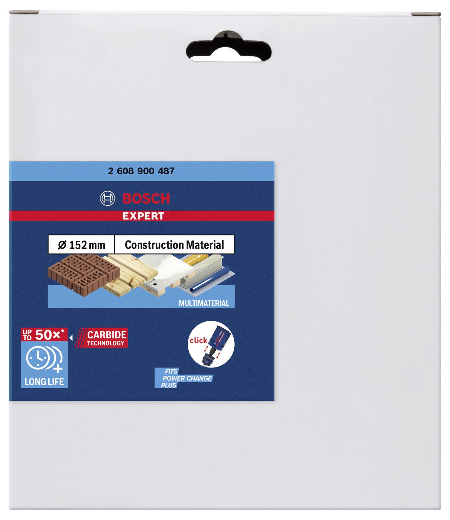Verpackung mit Bosch Expert Sägeblatt, geeignet für Baumaterialien und Multimaterialien. Durchmesser: 152 mm.