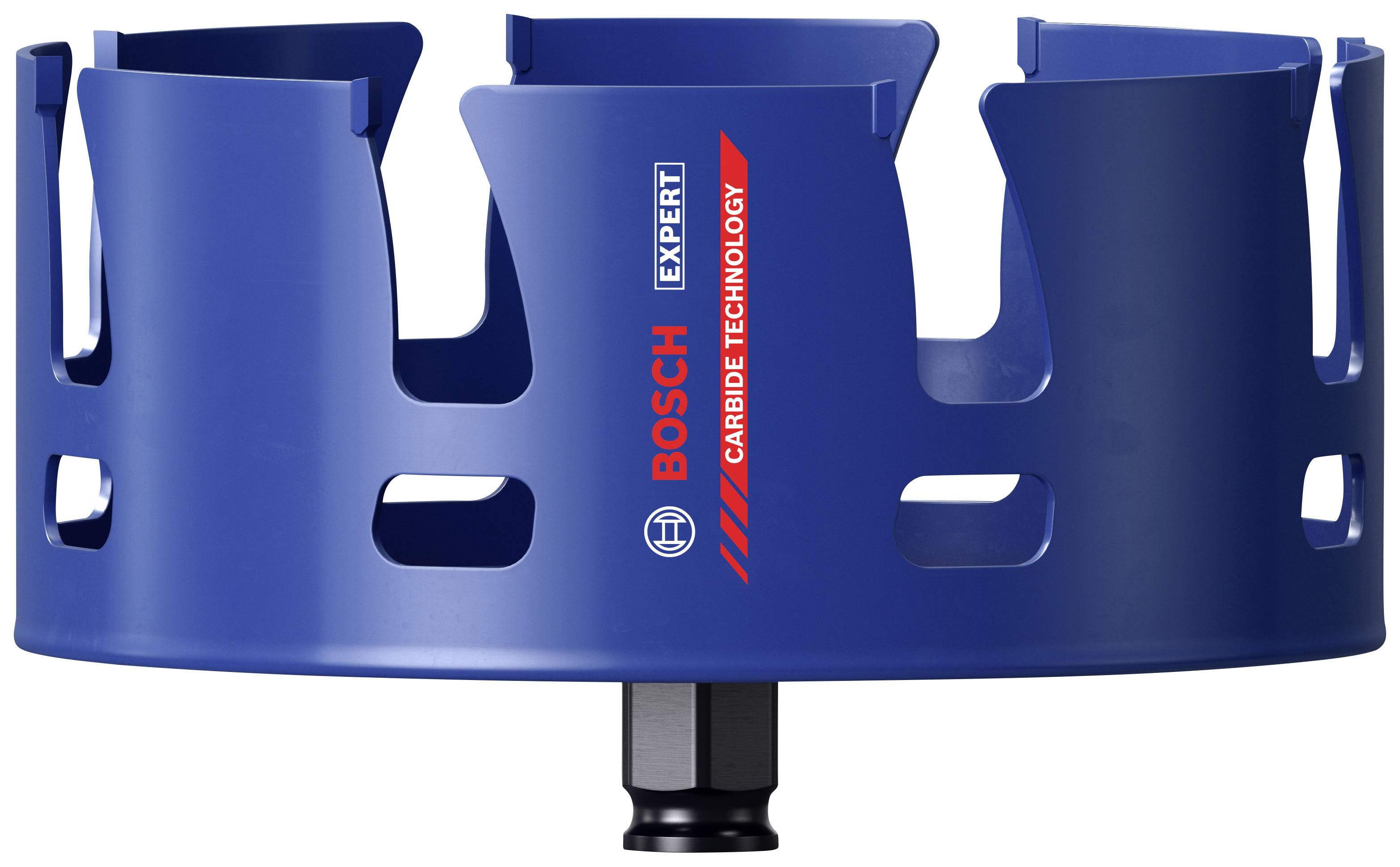 Zu sehen ist eine blaue Bosch Lochsäge mit „Carbide Technology“-Schriftzug. Sie ist für präzises Bohren in verschiedenen Materialien konzipiert.