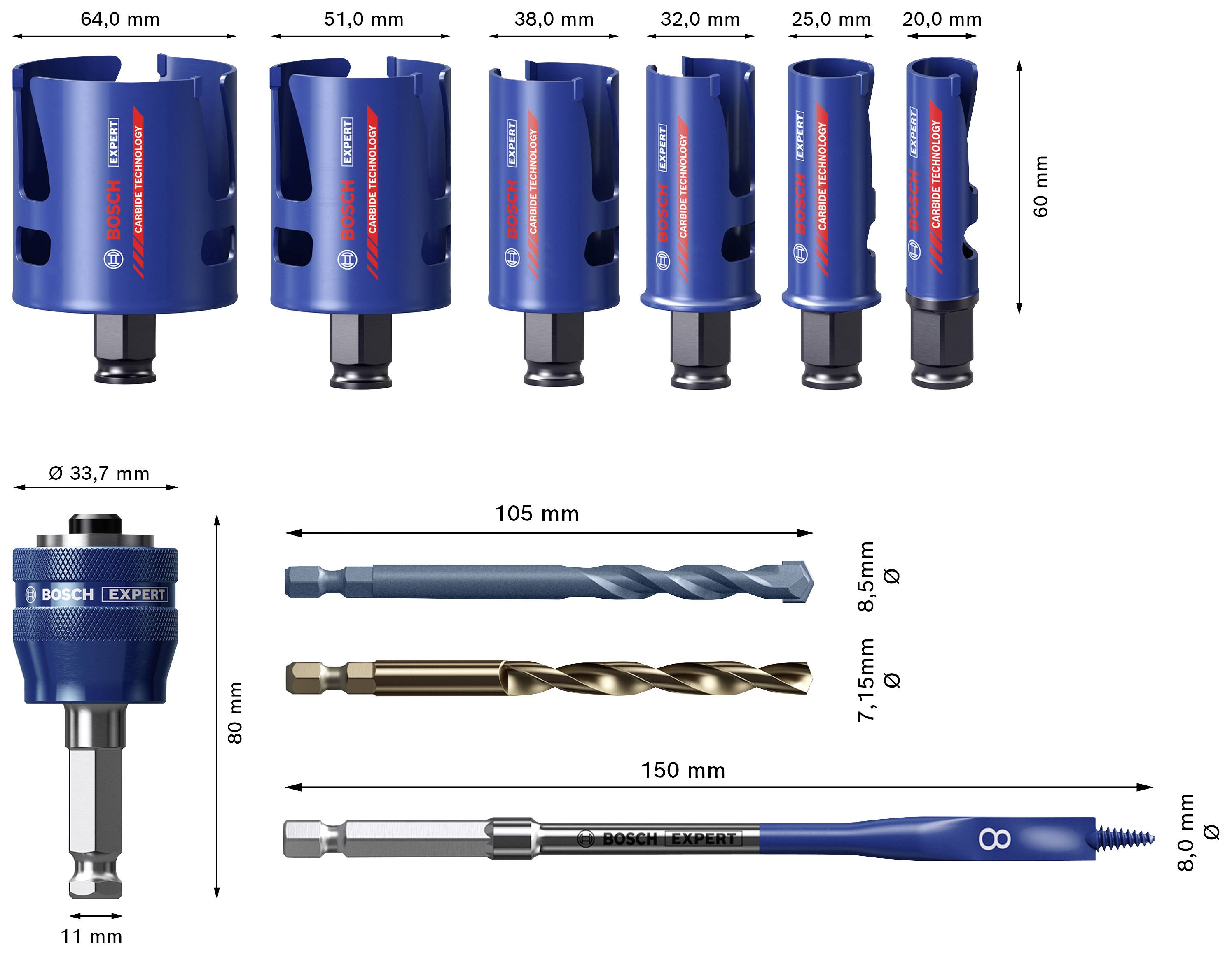 Bosch Accessories EXPERT Construction 2608900490 Lochsägen-Set 10teilig 20 mm, 25 mm, 32 mm, 38 mm, 51 mm, 64mm 10St.