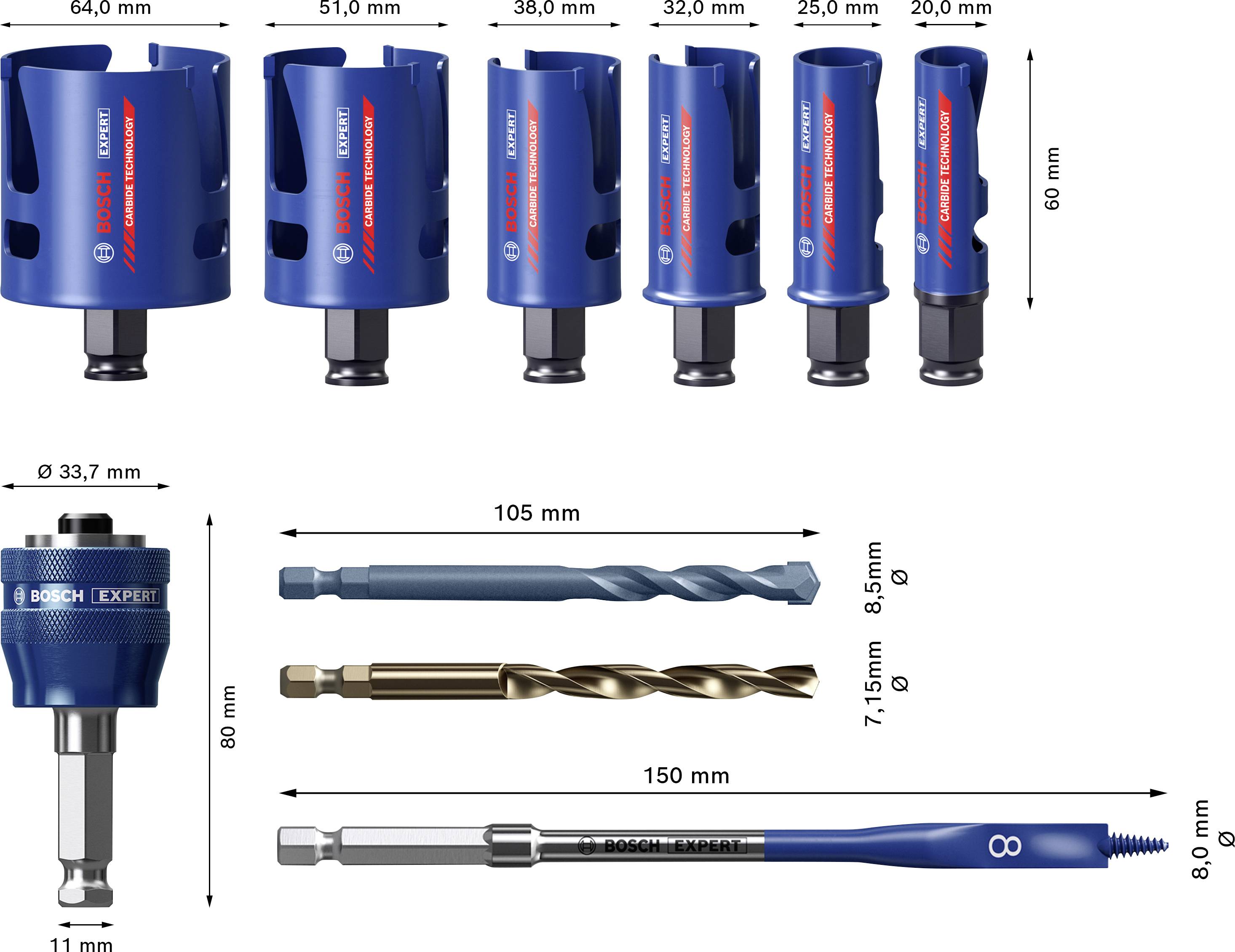 Bosch Accessories EXPERT Construction 2608900490 Lochsägen-Set 10teilig 20 mm, 25 mm, 32 mm, 38 mm, 51 mm, 64mm 10St.