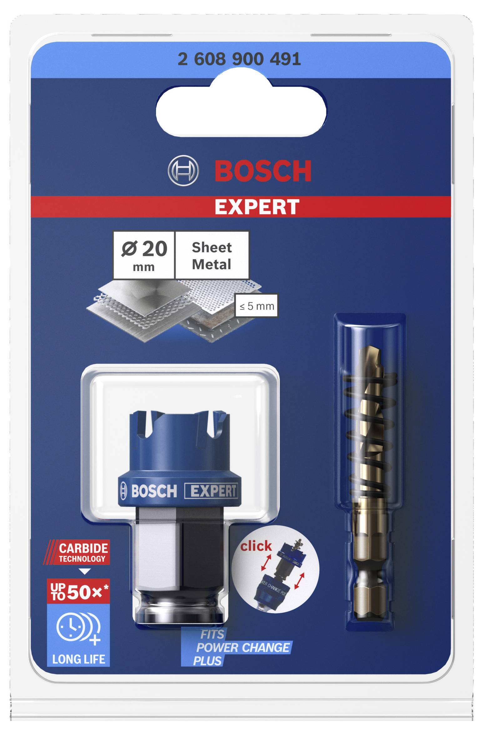 'Bosch Expert Power Change Plus' Lochsäge für Blech, 20 mm Durchmesser, langlebig mit 'Carbide Technology' und schnellem Wechselmechanismus. Verpackung zeigt Produkt und Details.