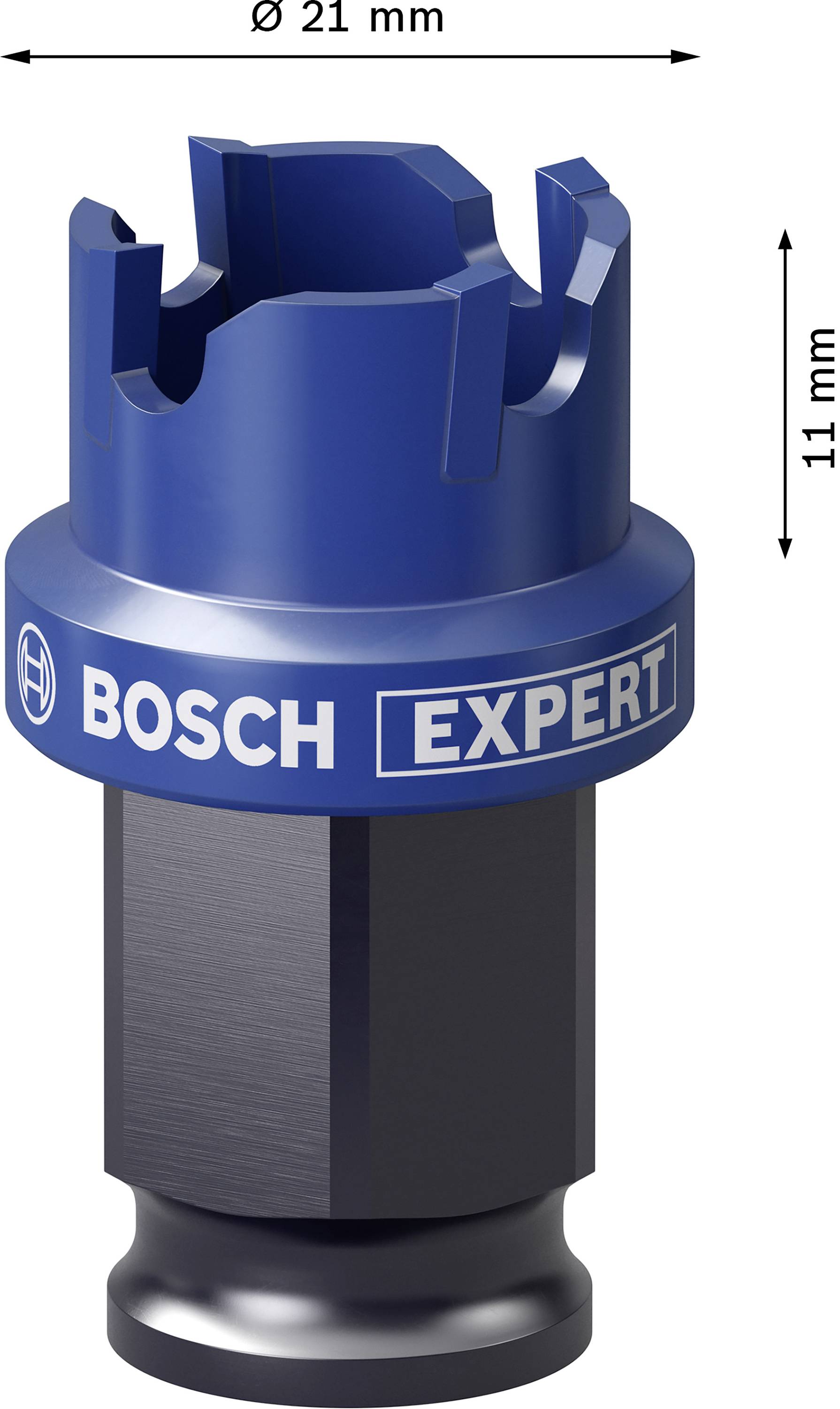 Kreisschneider von Bosch Expert, blau, 21 mm Durchmesser und 11 mm Höhe, spezifisch für präzise Anwendungen.
