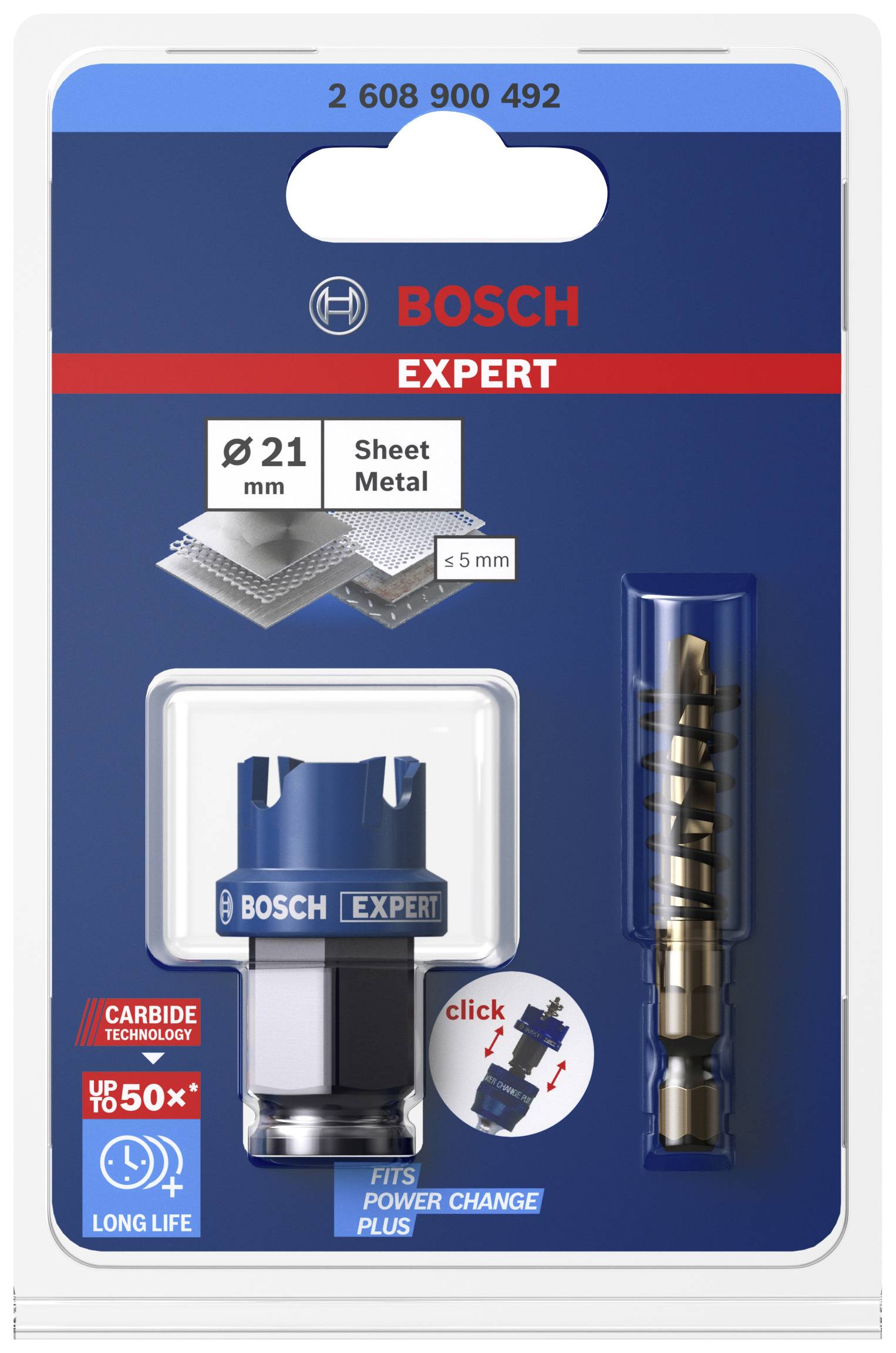 'Bosch Expert' Lochsägen-Set für Blech, Ø 21 mm. Verpackung zeigt Sägeblatt, Wechselsystem und Markenlogo. Geeignet für 5 mm dickes Material.