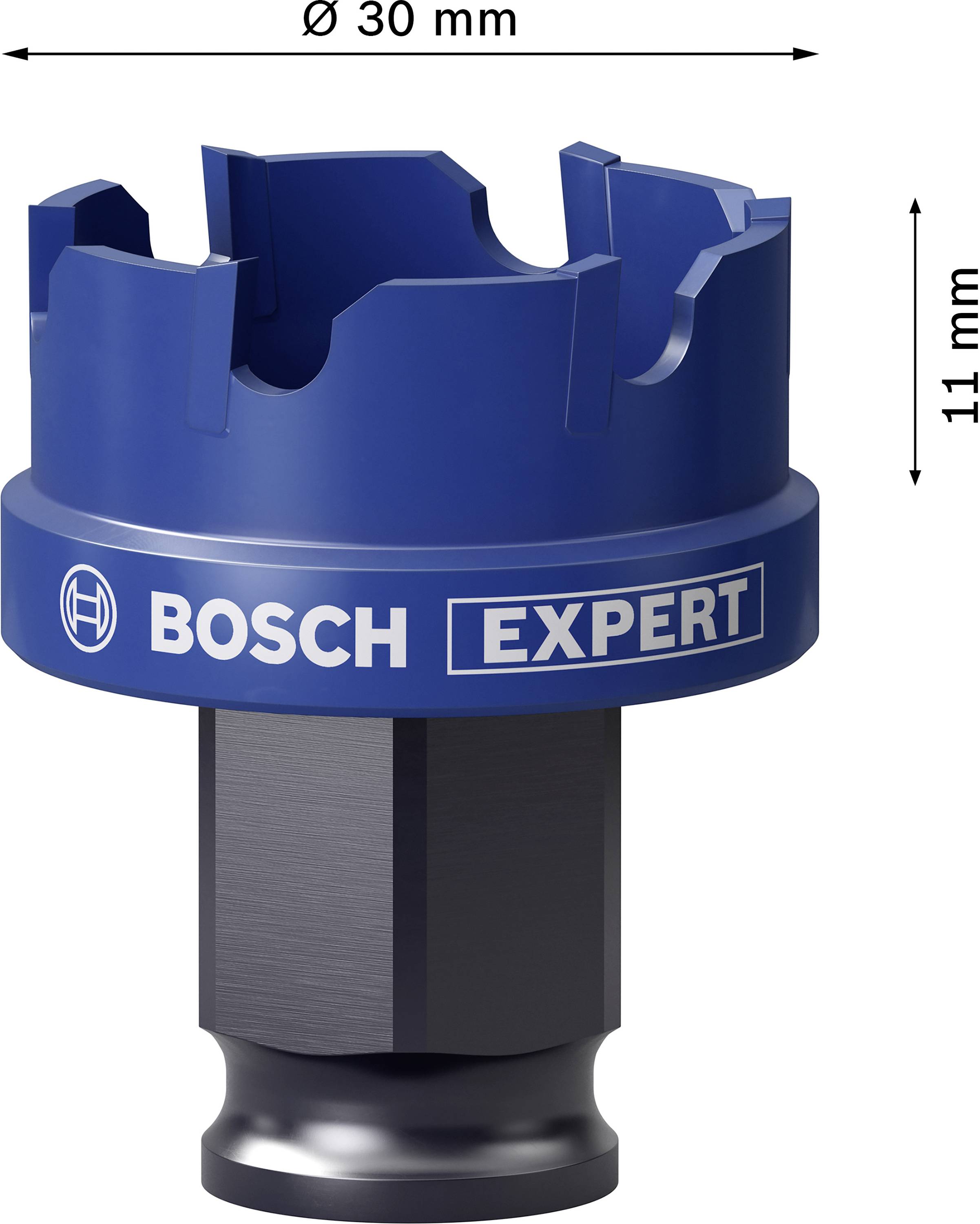 'Bosch Expert' Lochsäge, Durchmesser 30 mm, Höhe 11 mm, geeignet für präzises Bohren in Materialien, blaue Farbe.