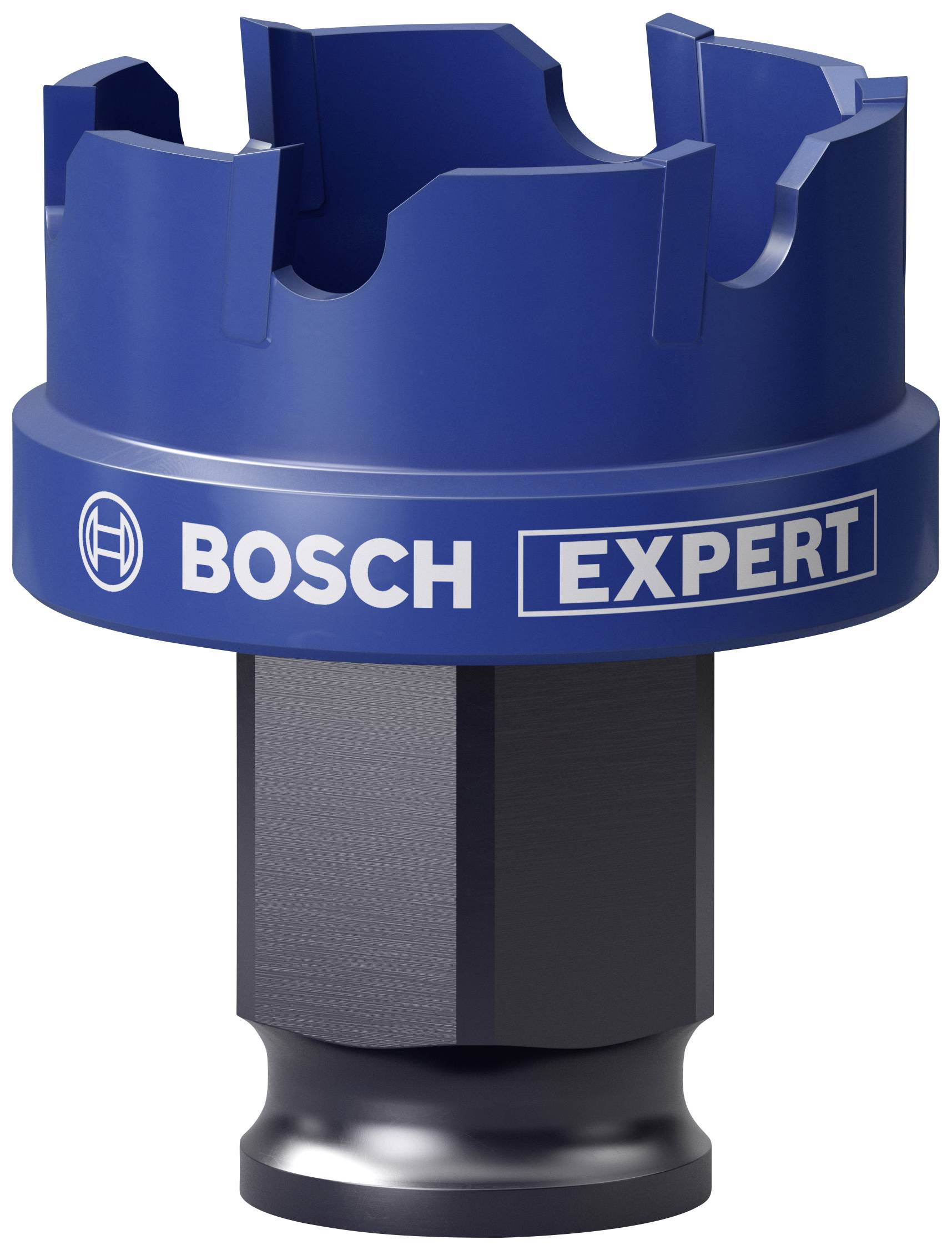 Ein blauer Lochsägenaufsatz mit der Aufschrift 'Bosch Expert' auf dem Metallgehäuse.